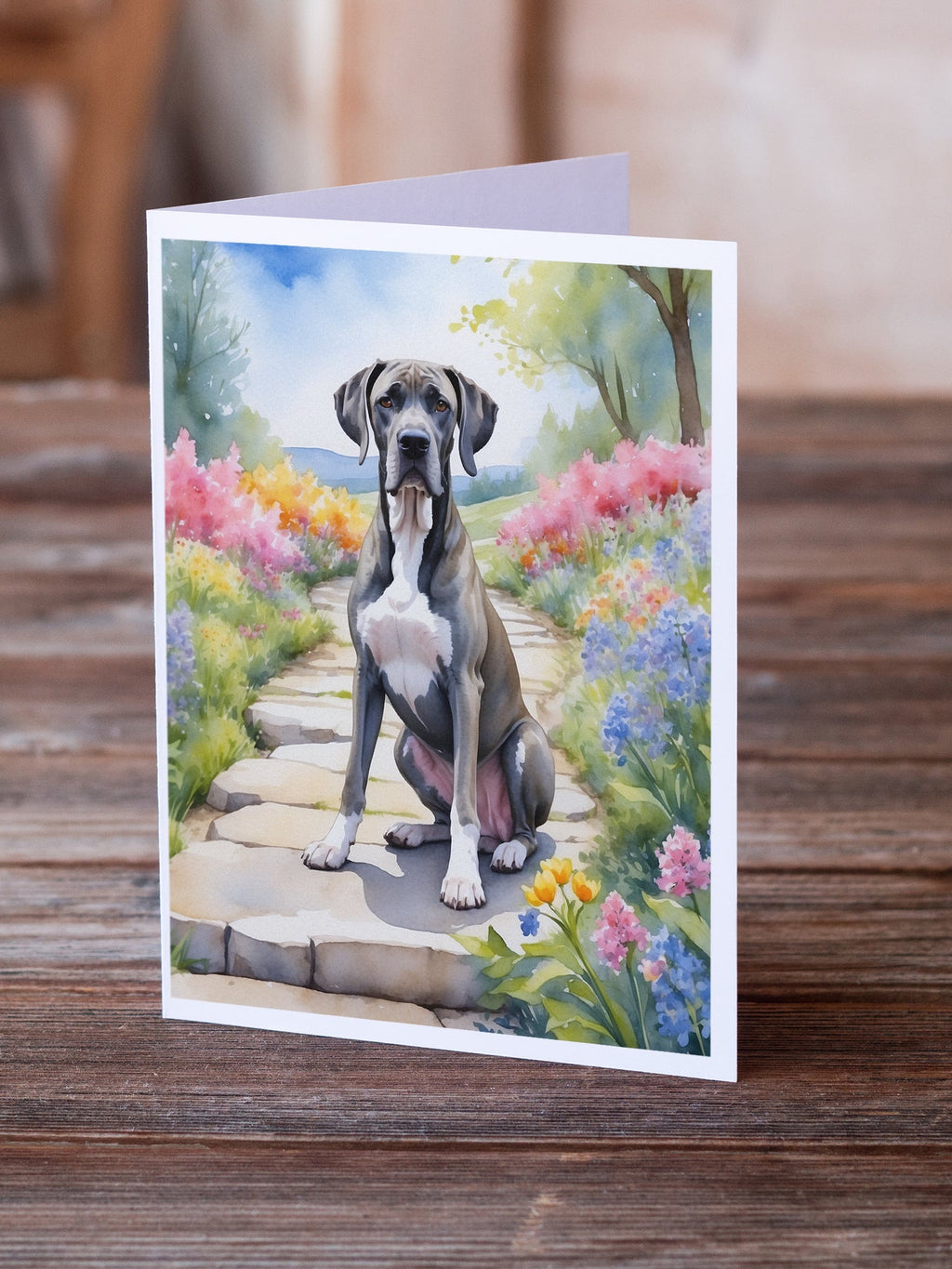 Great Dane Spring Path Greeting Cards Pack of 8 Blank Cards with Envelopes Whimsical A7 Size 5x7