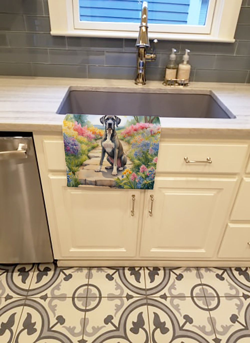 Great Dane Spring Path Kitchen Towel Velour Plush Front and Cotton Loop Back Machine Washable