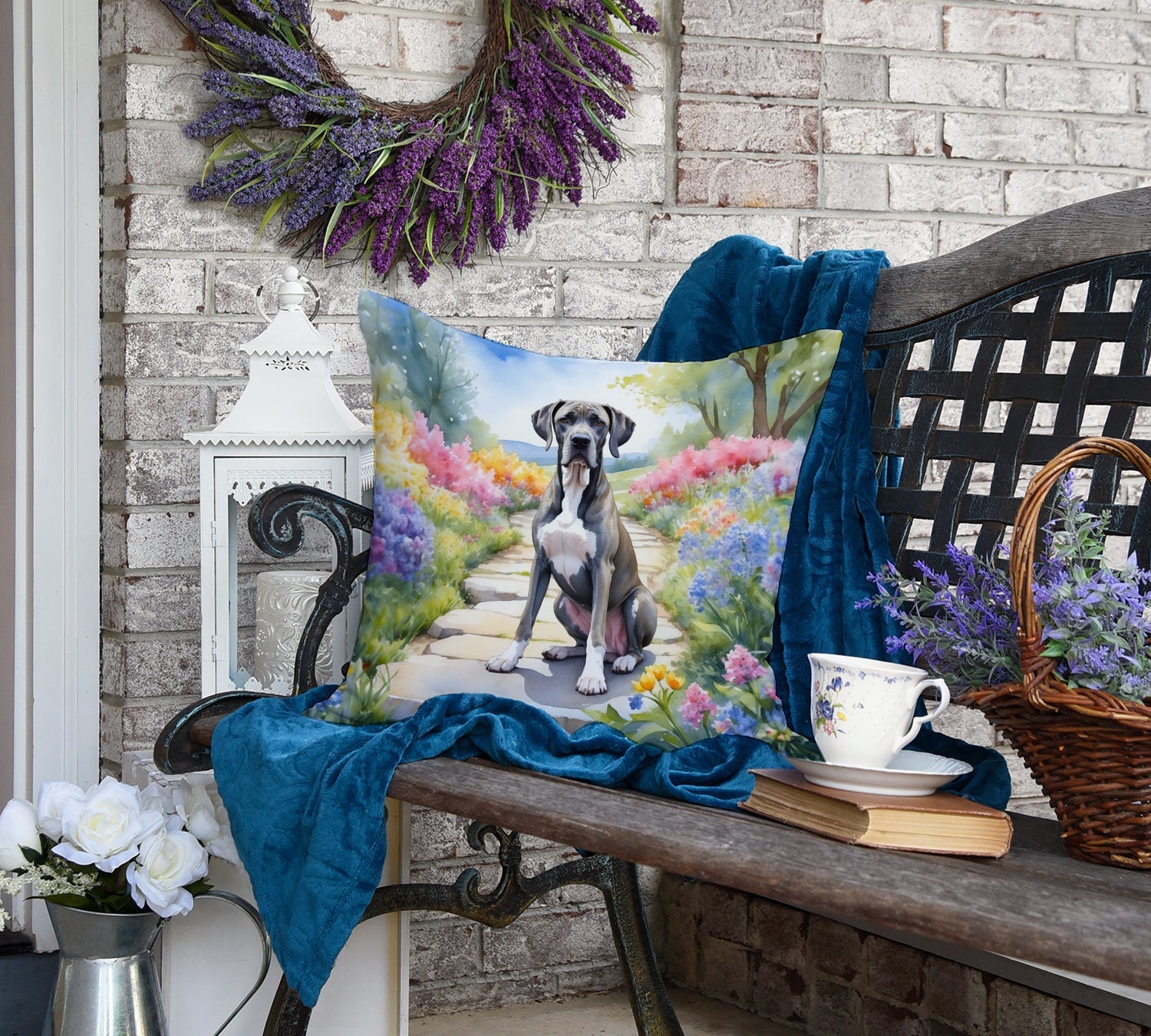 Great Dane Spring Path Decorative Throw Pillow 18x18 Indoor Outdoor Accent Cushion, Fabric Cover with Insert for Sofa, Bed, Porch & Living Room