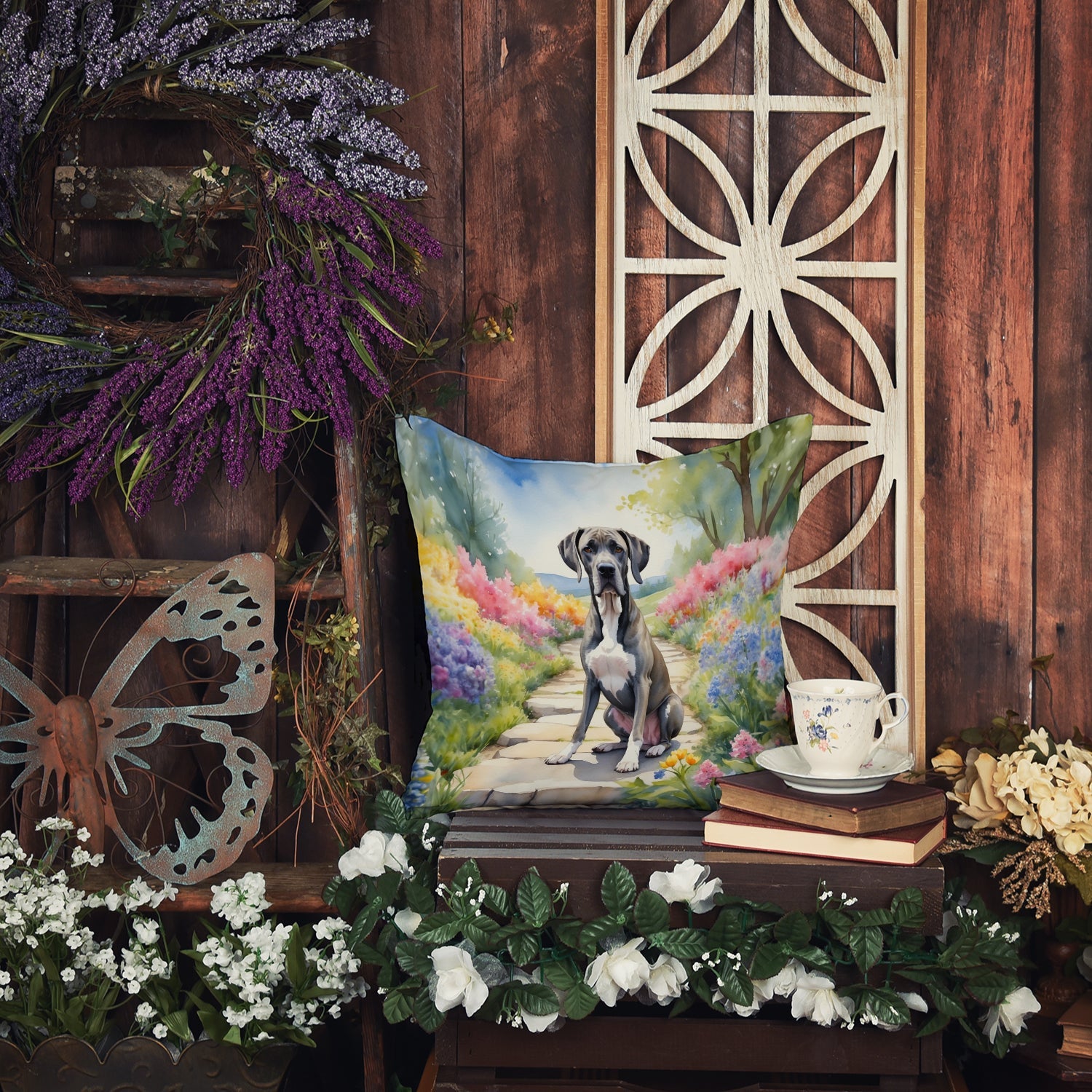 Great Dane Spring Path Decorative Throw Pillow 18x18 Indoor Outdoor Accent Cushion, Fabric Cover with Insert for Sofa, Bed, Porch & Living Room