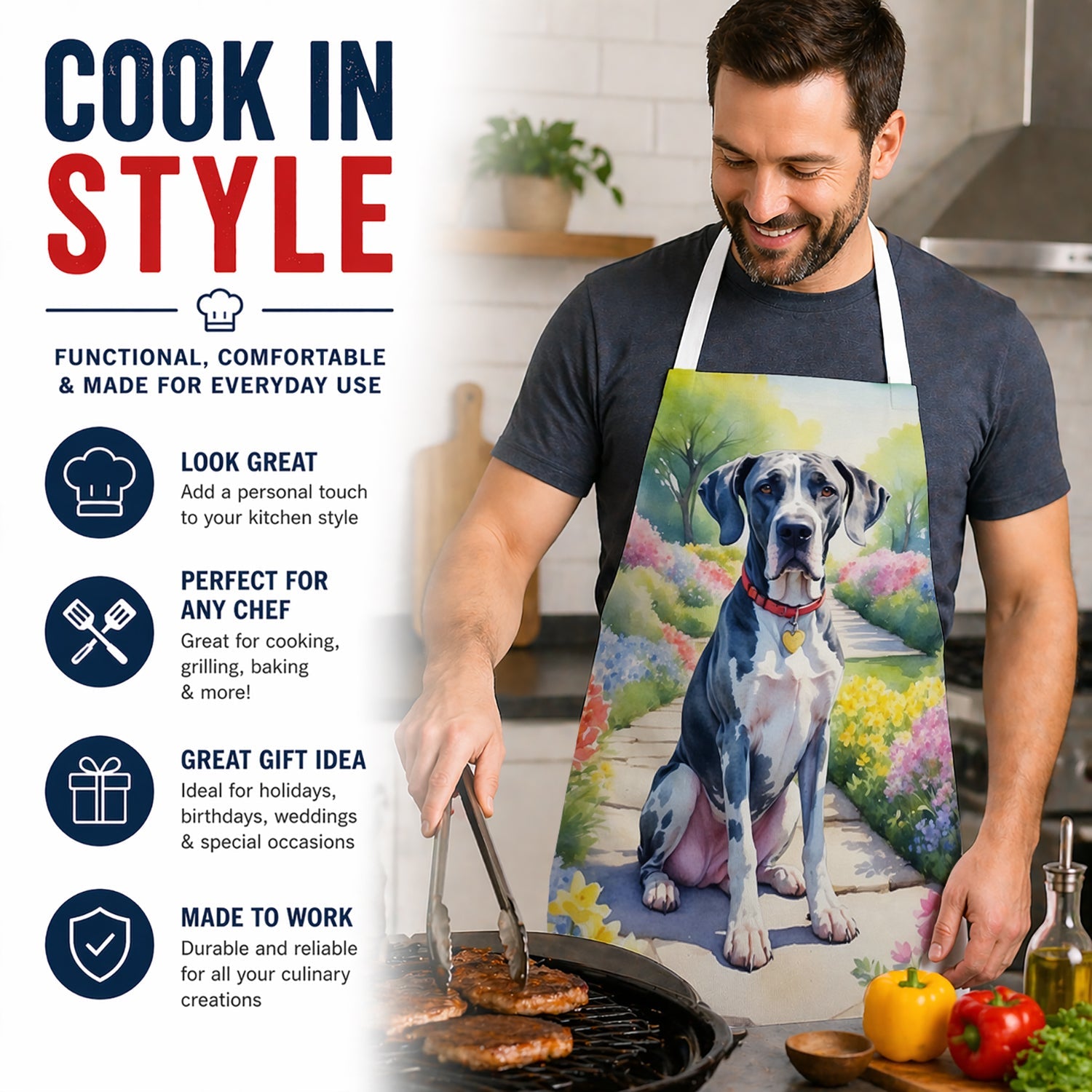 Great Dane Spring Path Apron Cooking Kitchen Server Baking Crafts Gardening for Adult Women Men, Unisex, Large, Multicolor