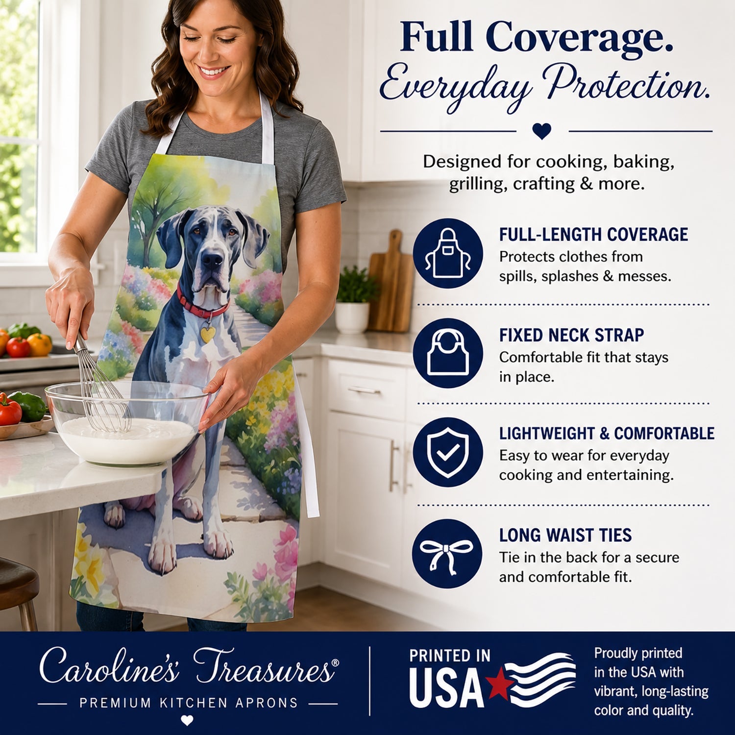 Great Dane Spring Path Apron Cooking Kitchen Server Baking Crafts Gardening for Adult Women Men, Unisex, Large, Multicolor
