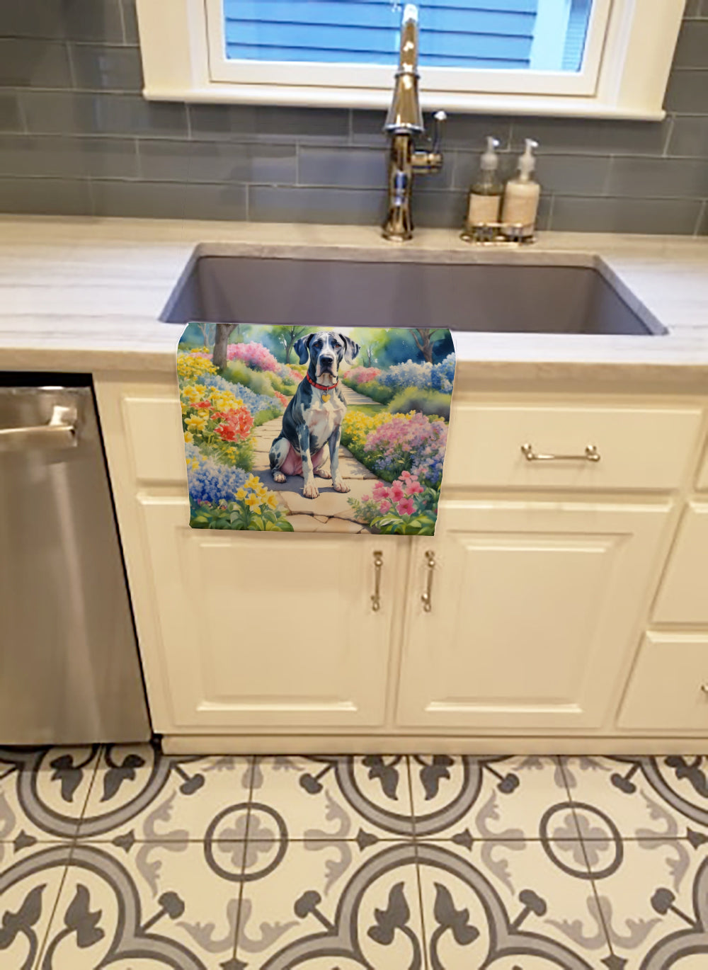 Great Dane Spring Path Kitchen Towel Velour Plush Front and Cotton Loop Back Machine Washable