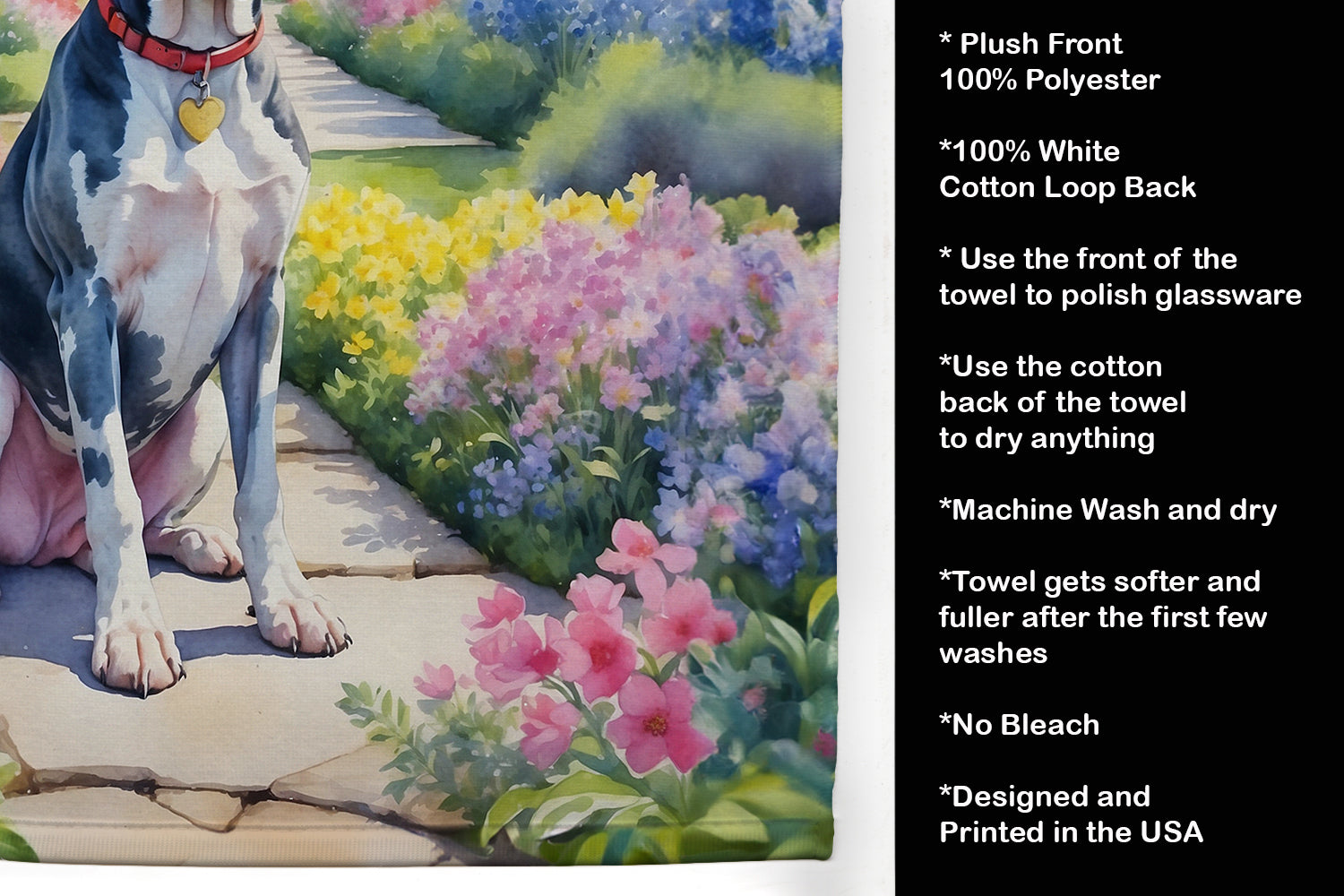 Great Dane Spring Path Kitchen Towel Velour Plush Front and Cotton Loop Back Machine Washable