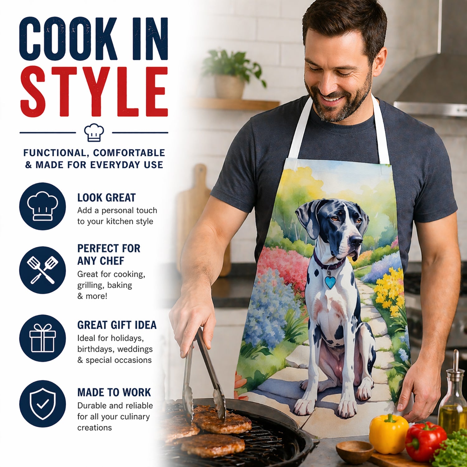 Great Dane Spring Path Apron Cooking Kitchen Server Baking Crafts Gardening for Adult Women Men, Unisex, Large, Multicolor