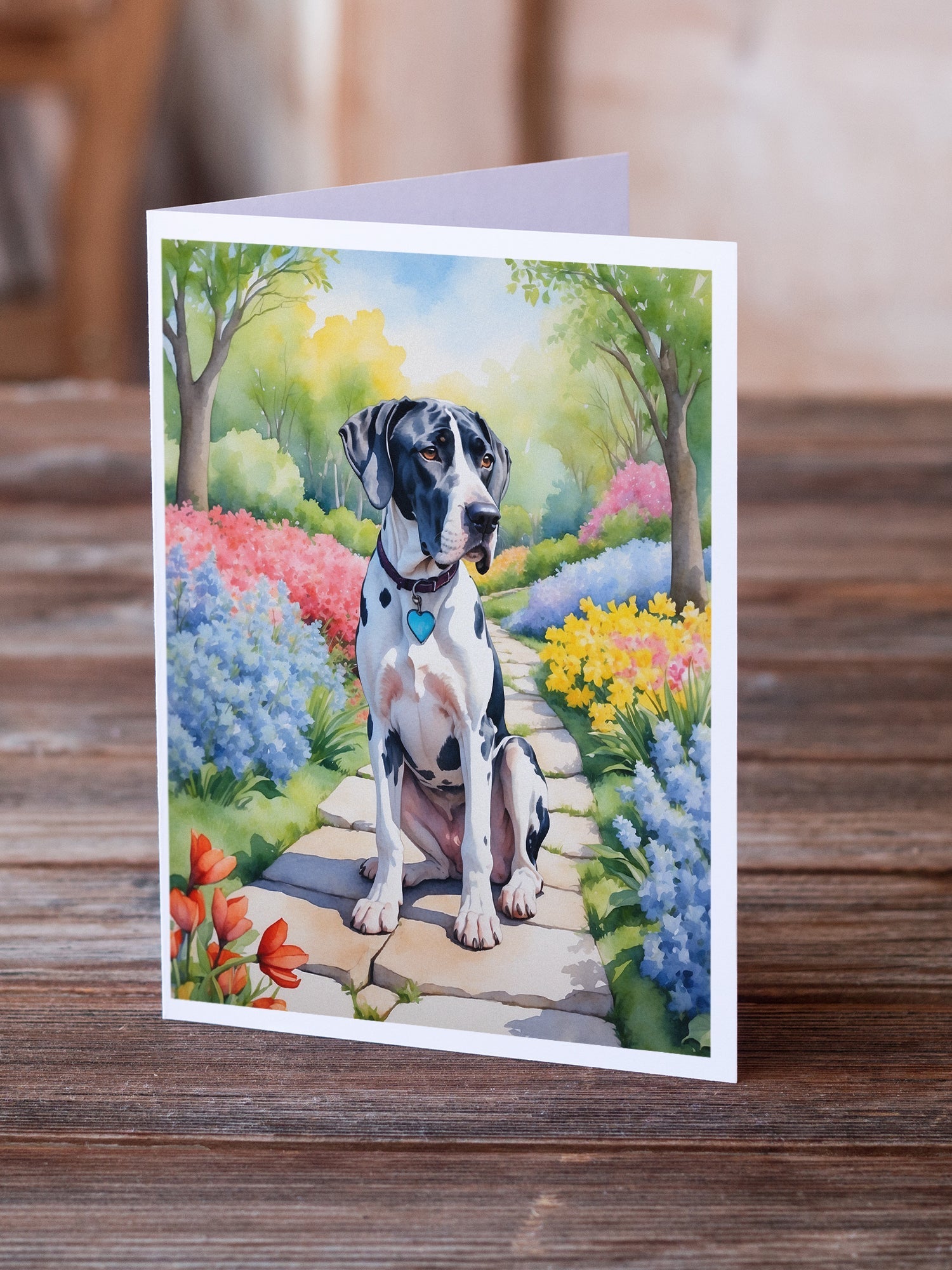 Great Dane Spring Path Greeting Cards Pack of 8 Blank Cards with Envelopes Whimsical A7 Size 5x7