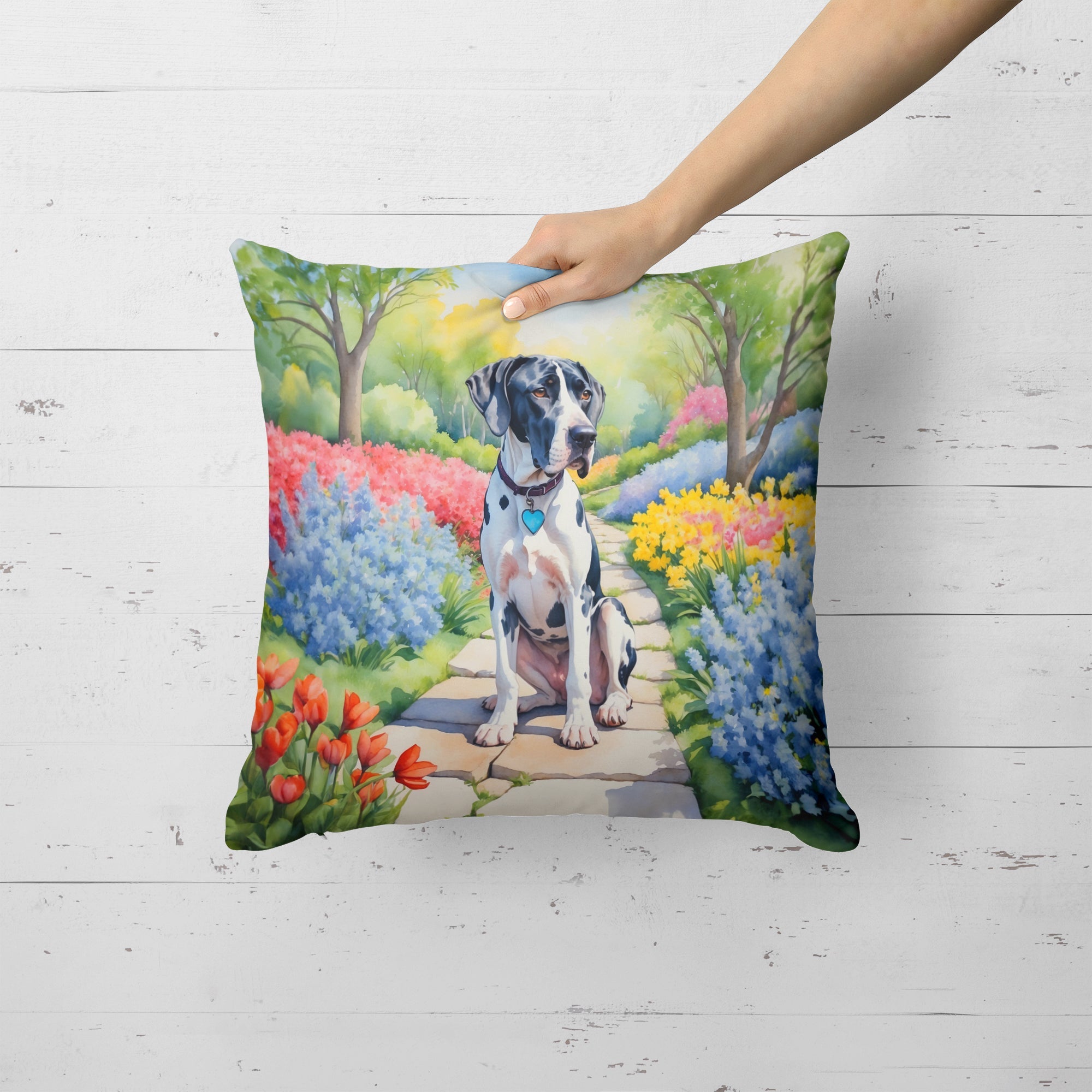 Great Dane Spring Path Decorative Throw Pillow 18x18 Indoor Outdoor Accent Cushion, Fabric Cover with Insert for Sofa, Bed, Porch & Living Room