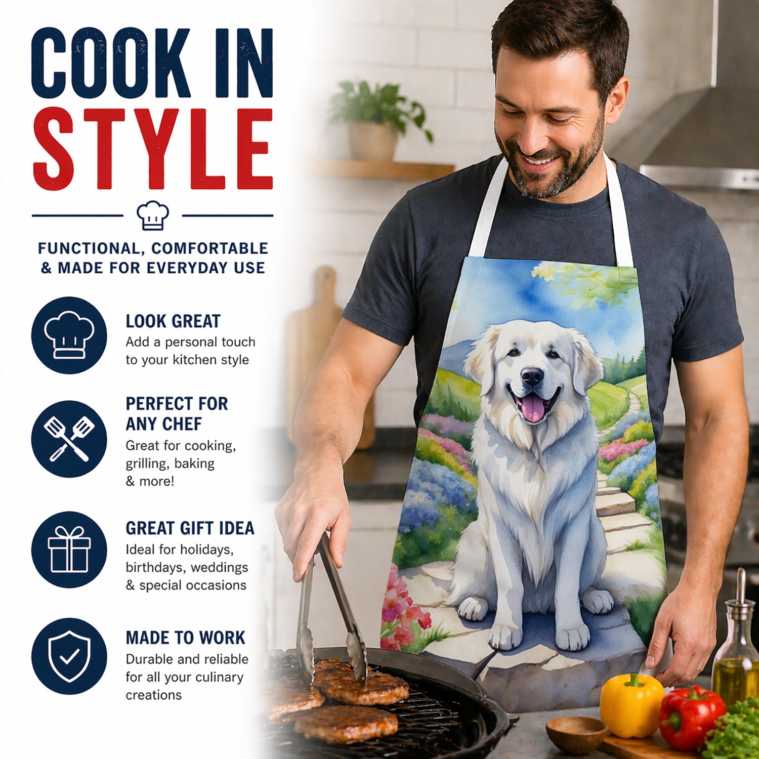 Great Pyrenees Spring Path Apron Cooking Kitchen Server Baking Crafts Gardening for Adult Women Men, Unisex, Large, Multicolor