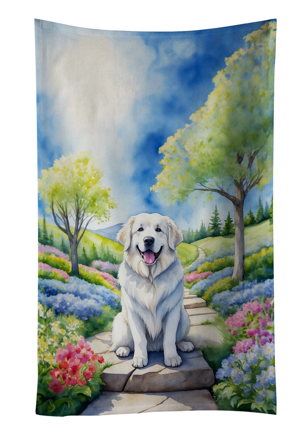 Great Pyrenees Spring Path Kitchen Towel Velour Plush Front and Cotton Loop Back Machine Washable