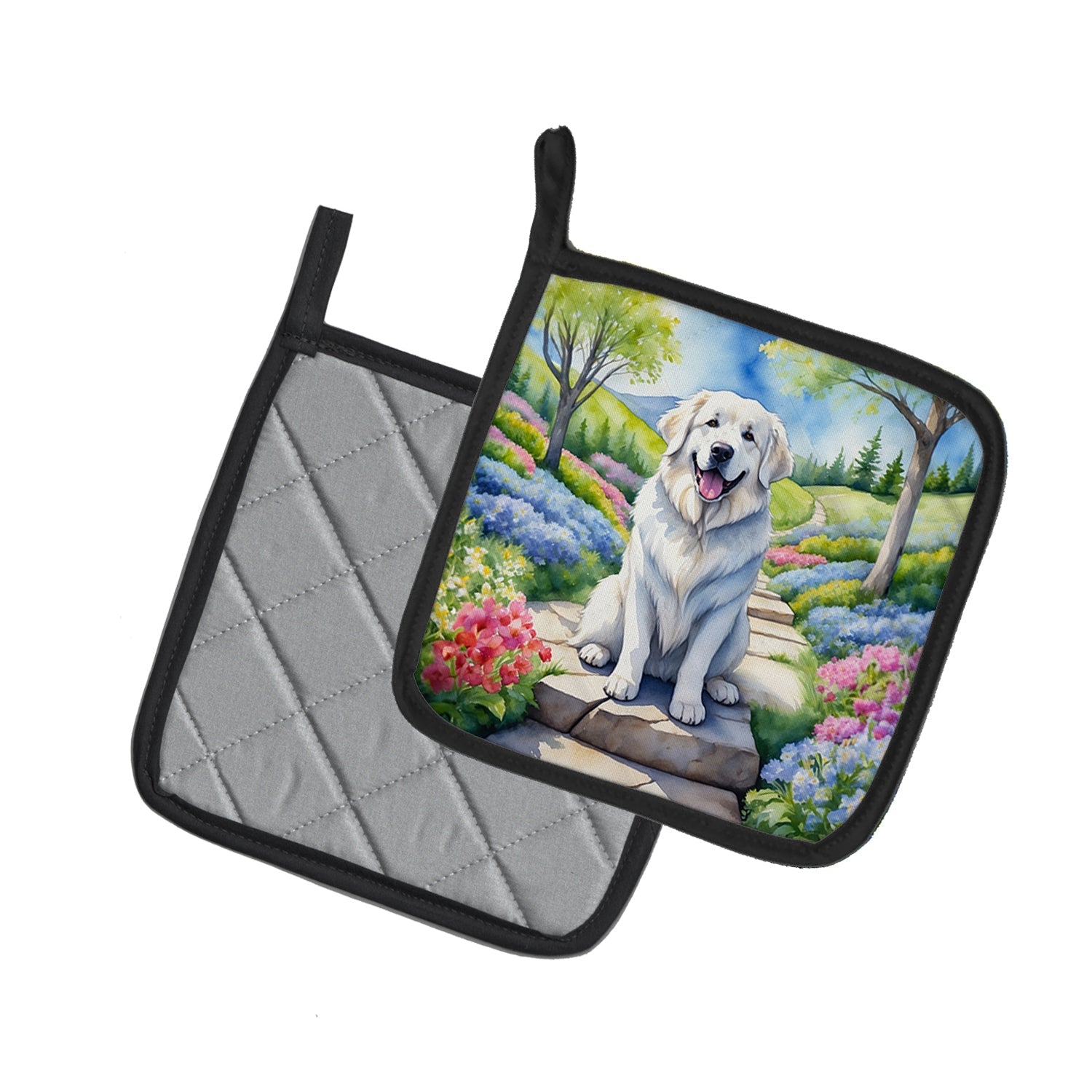 Great Pyrenees Spring Path Pot Holder Set of 2 Heat Resistant Quilted Hot Pads 7.5 x 7.5 Inch, Insulated Kitchen Trivets for Cooking & Baking