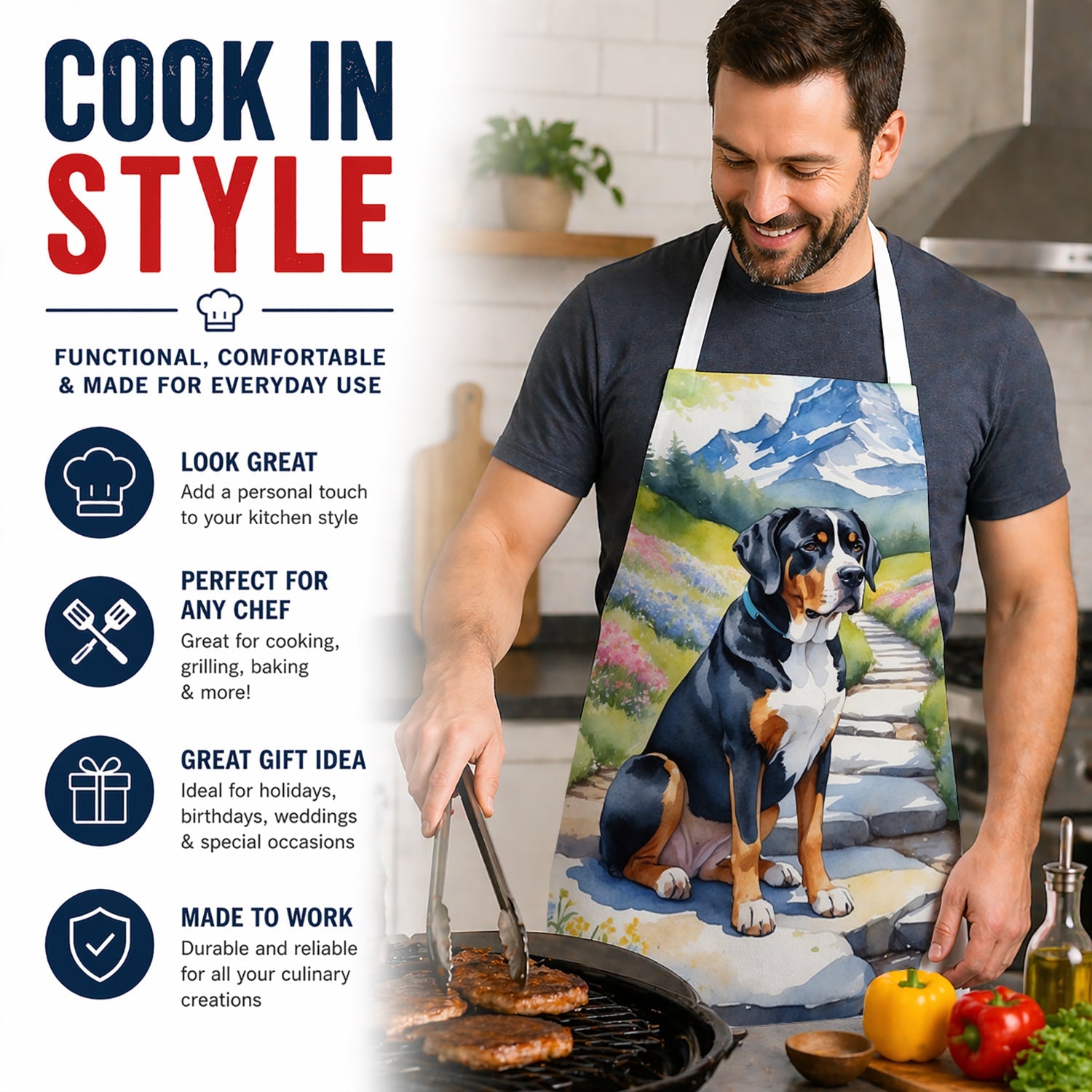 Greater Swiss Mountain Dog Spring Path Apron Cooking Kitchen Server Baking Crafts Gardening for Adult Women Men, Unisex, Large, Multicolor