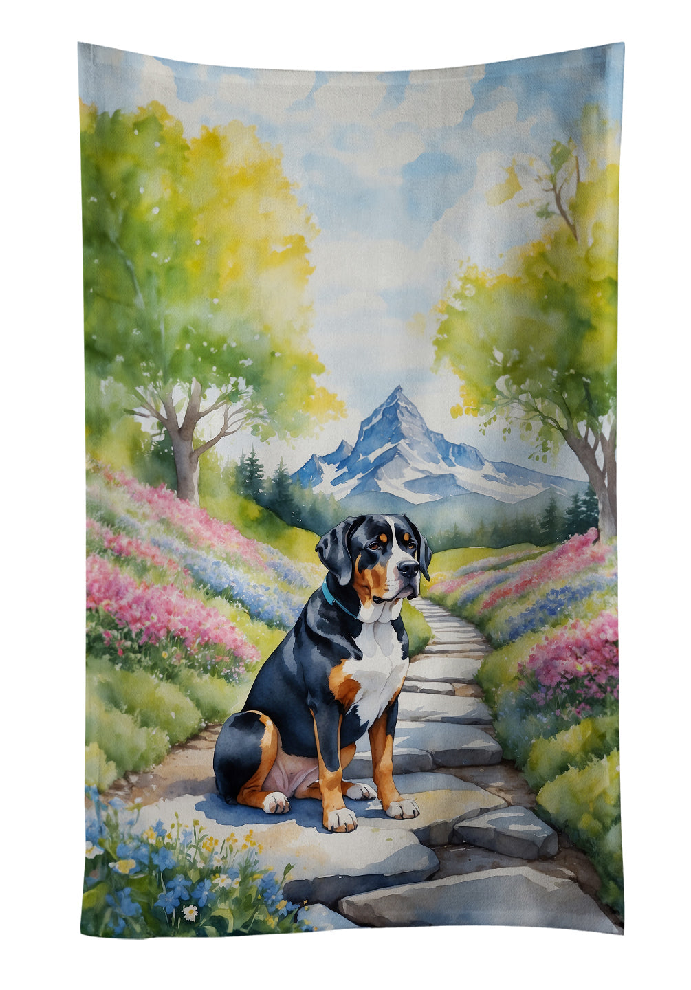 Greater Swiss Mountain Dog Spring Path Kitchen Towel Velour Plush Front and Cotton Loop Back Machine Washable
