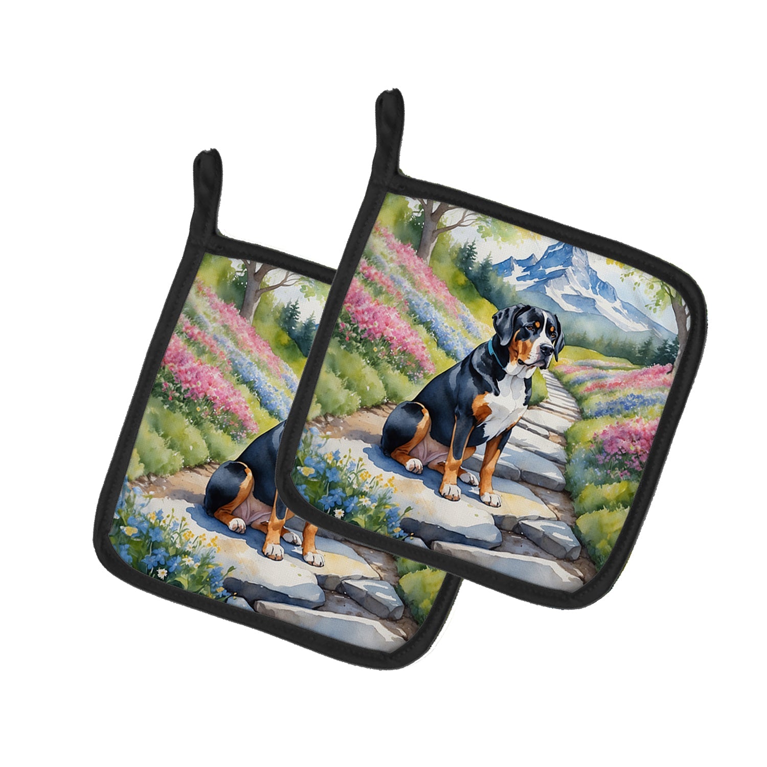 Greater Swiss Mountain Dog Spring Path Pot Holder Set of 2 Heat Resistant Quilted Hot Pads 7.5 x 7.5 Inch, Insulated Kitchen Trivets for Cooking & Baking
