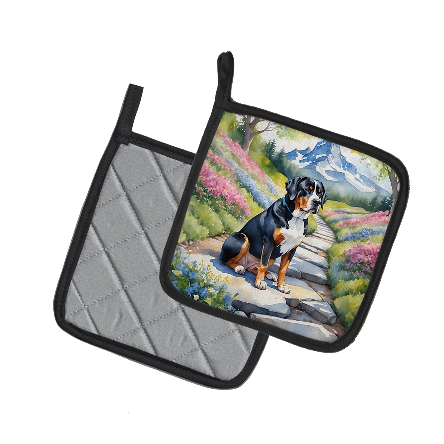 Greater Swiss Mountain Dog Spring Path Pot Holder Set of 2 Heat Resistant Quilted Hot Pads 7.5 x 7.5 Inch, Insulated Kitchen Trivets for Cooking & Baking