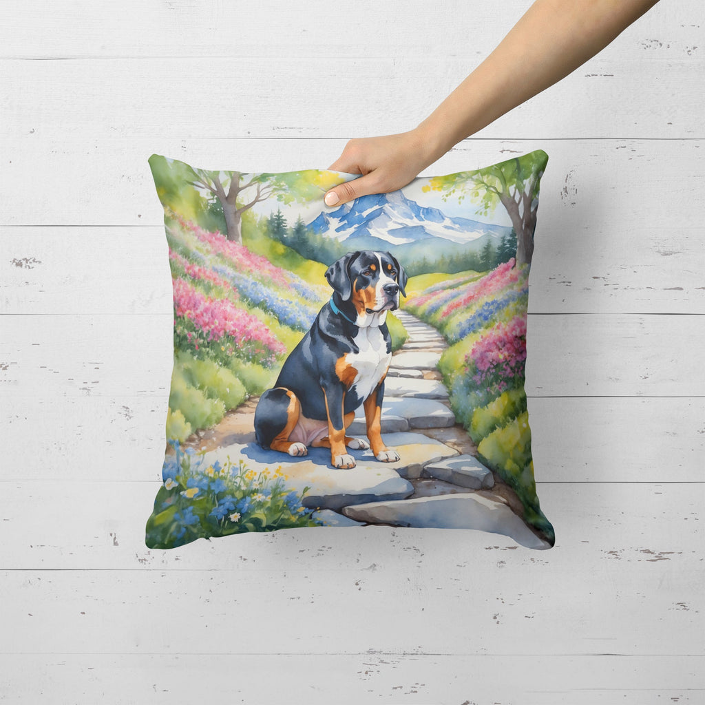 Greater Swiss Mountain Dog Spring Path Decorative Throw Pillow 18x18 Indoor Outdoor Accent Cushion, Fabric Cover with Insert for Sofa, Bed, Porch & Living Room