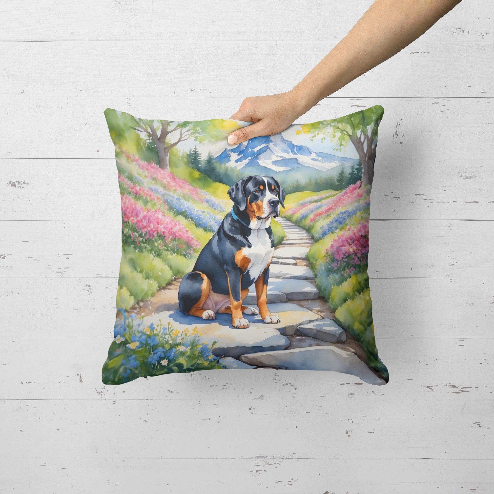 Greater Swiss Mountain Dog Spring Path Decorative Throw Pillow 18x18 Indoor Outdoor Accent Cushion, Fabric Cover with Insert for Sofa, Bed, Porch & Living Room