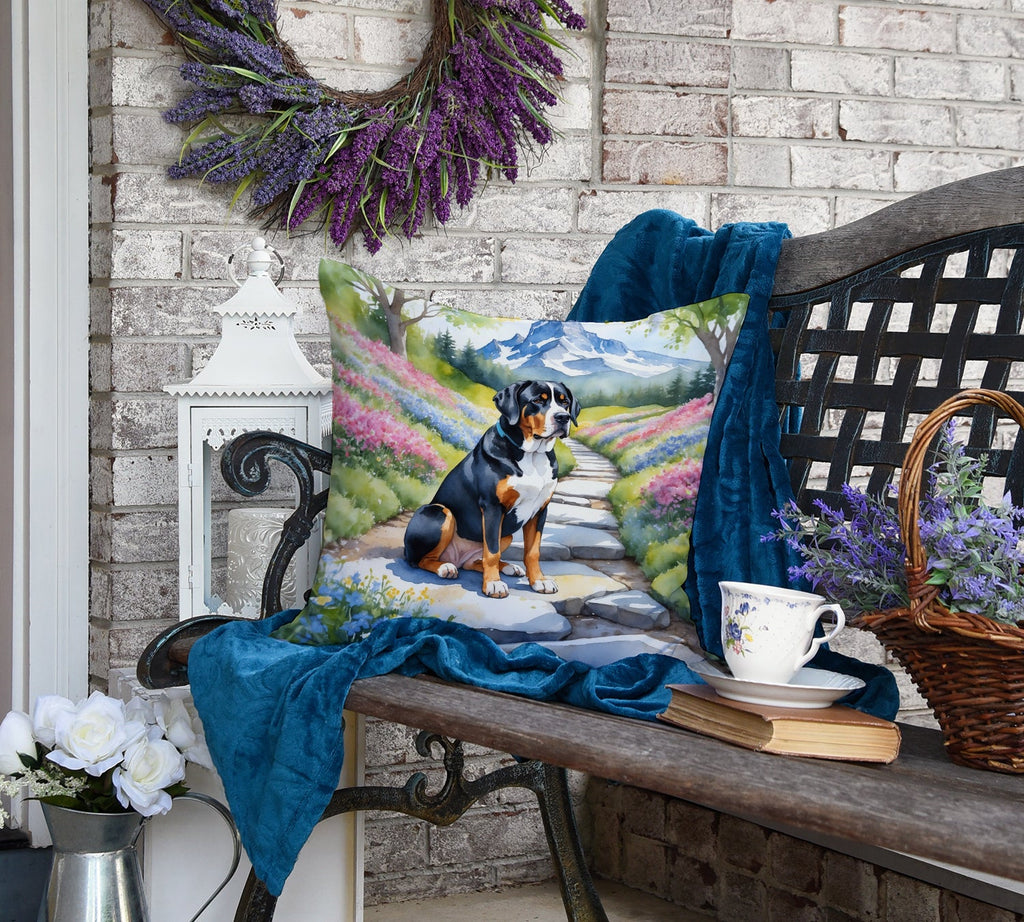 Greater Swiss Mountain Dog Spring Path Decorative Throw Pillow 18x18 Indoor Outdoor Accent Cushion, Fabric Cover with Insert for Sofa, Bed, Porch & Living Room