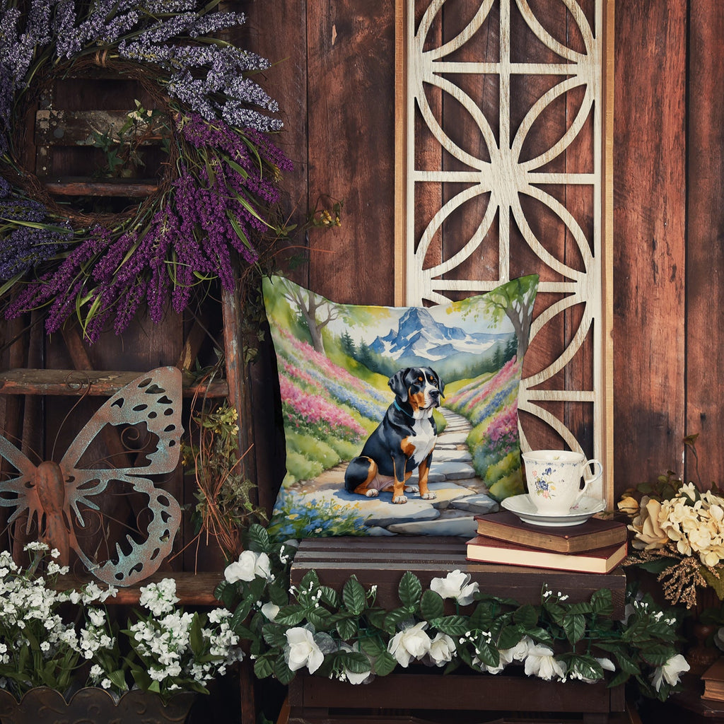 Greater Swiss Mountain Dog Spring Path Decorative Throw Pillow 18x18 Indoor Outdoor Accent Cushion, Fabric Cover with Insert for Sofa, Bed, Porch & Living Room