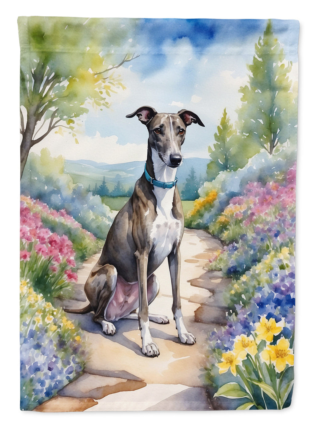 Greyhound Spring Path House Flag 28x40 Porch Sleeve Pole Decorative Outside Yard Banner Artwork Wall Hanging, Polyester