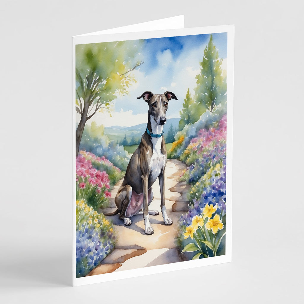 Greyhound Spring Path Greeting Cards Pack of 8 Blank Cards with Envelopes Whimsical A7 Size 5x7
