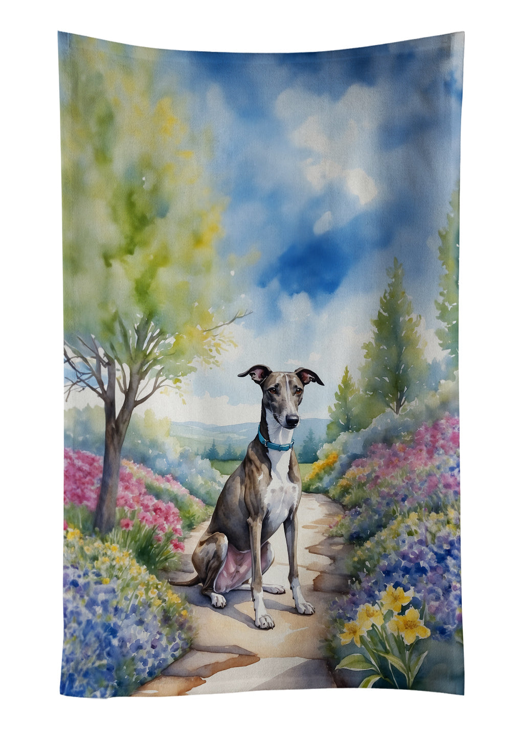 Greyhound Spring Path Kitchen Towel Velour Plush Front and Cotton Loop Back Machine Washable