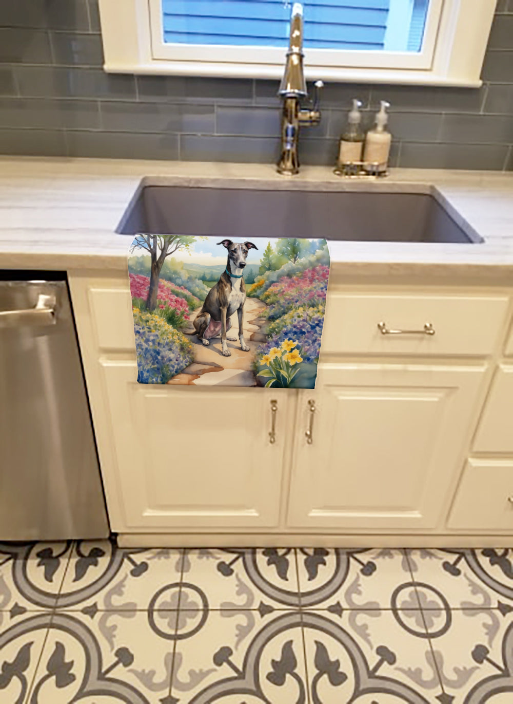Greyhound Spring Path Kitchen Towel Velour Plush Front and Cotton Loop Back Machine Washable