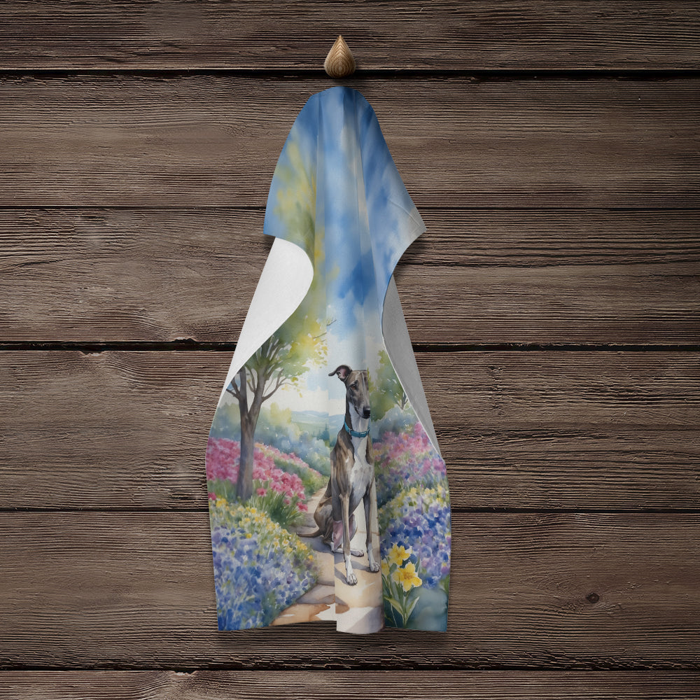 Greyhound Spring Path Kitchen Towel Velour Plush Front and Cotton Loop Back Machine Washable