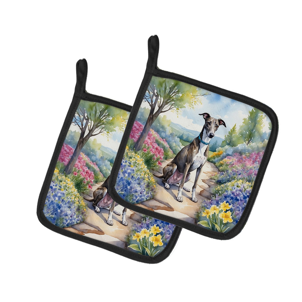 Greyhound Spring Path Pot Holder Set of 2 Heat Resistant Quilted Hot Pads 7.5 x 7.5 Inch, Insulated Kitchen Trivets for Cooking & Baking
