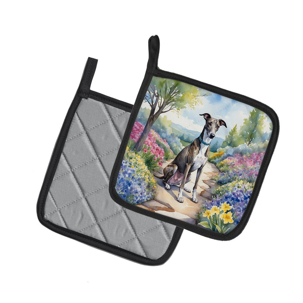 Greyhound Spring Path Pot Holder Set of 2 Heat Resistant Quilted Hot Pads 7.5 x 7.5 Inch, Insulated Kitchen Trivets for Cooking & Baking