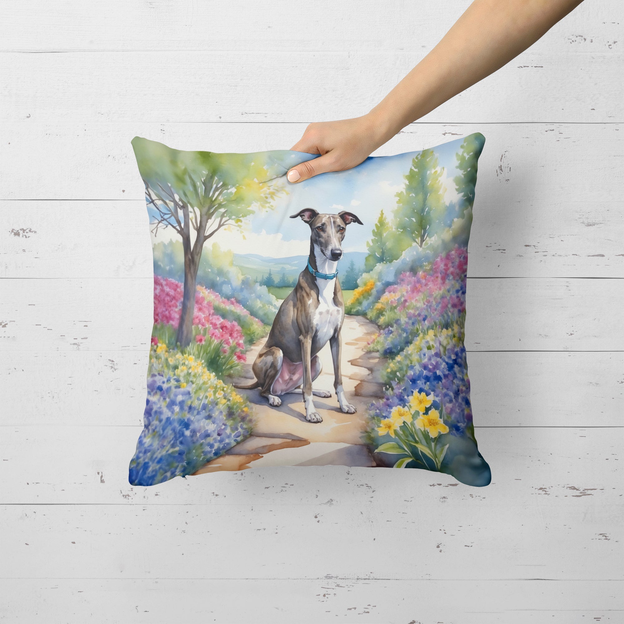 Greyhound Spring Path Decorative Throw Pillow 18x18 Indoor Outdoor Accent Cushion, Fabric Cover with Insert for Sofa, Bed, Porch & Living Room