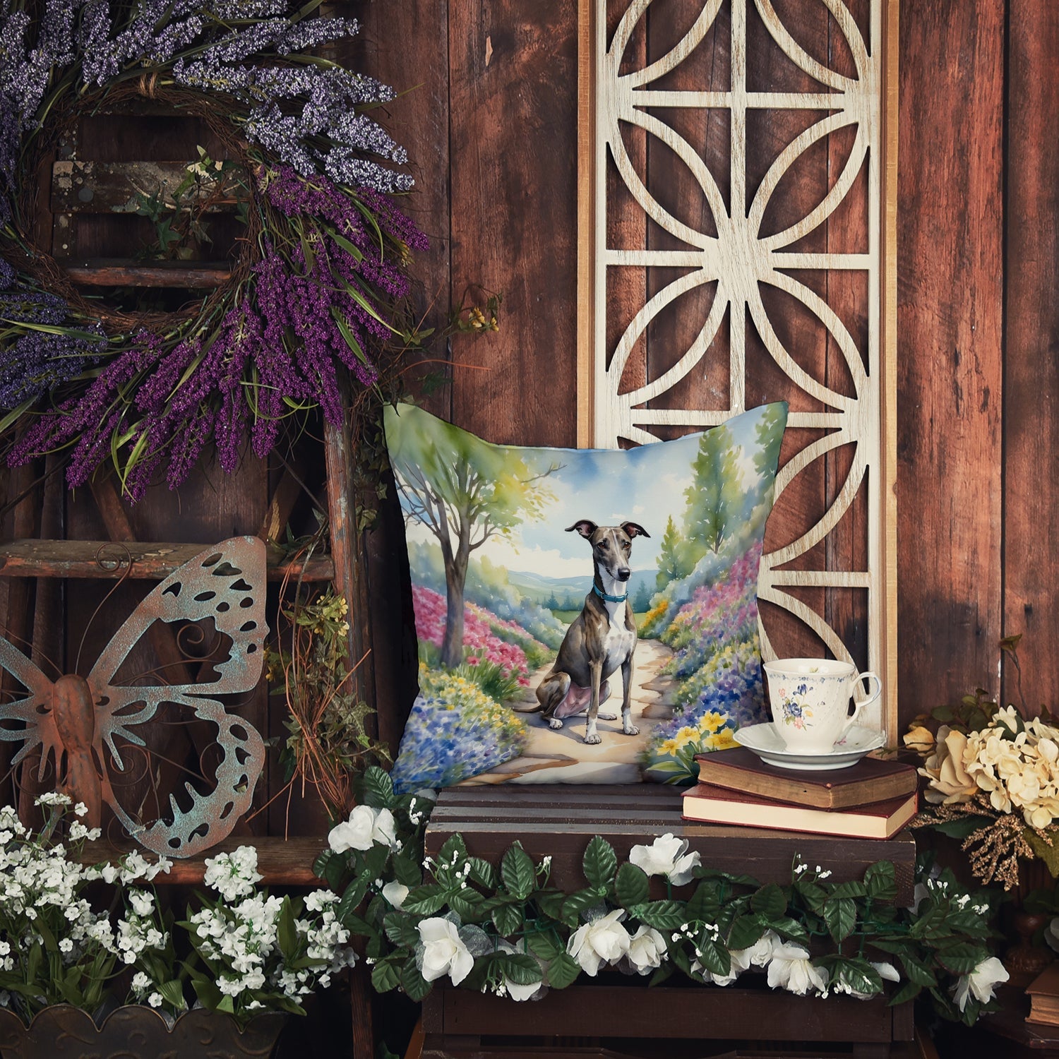 Greyhound Spring Path Decorative Throw Pillow 18x18 Indoor Outdoor Accent Cushion, Fabric Cover with Insert for Sofa, Bed, Porch & Living Room