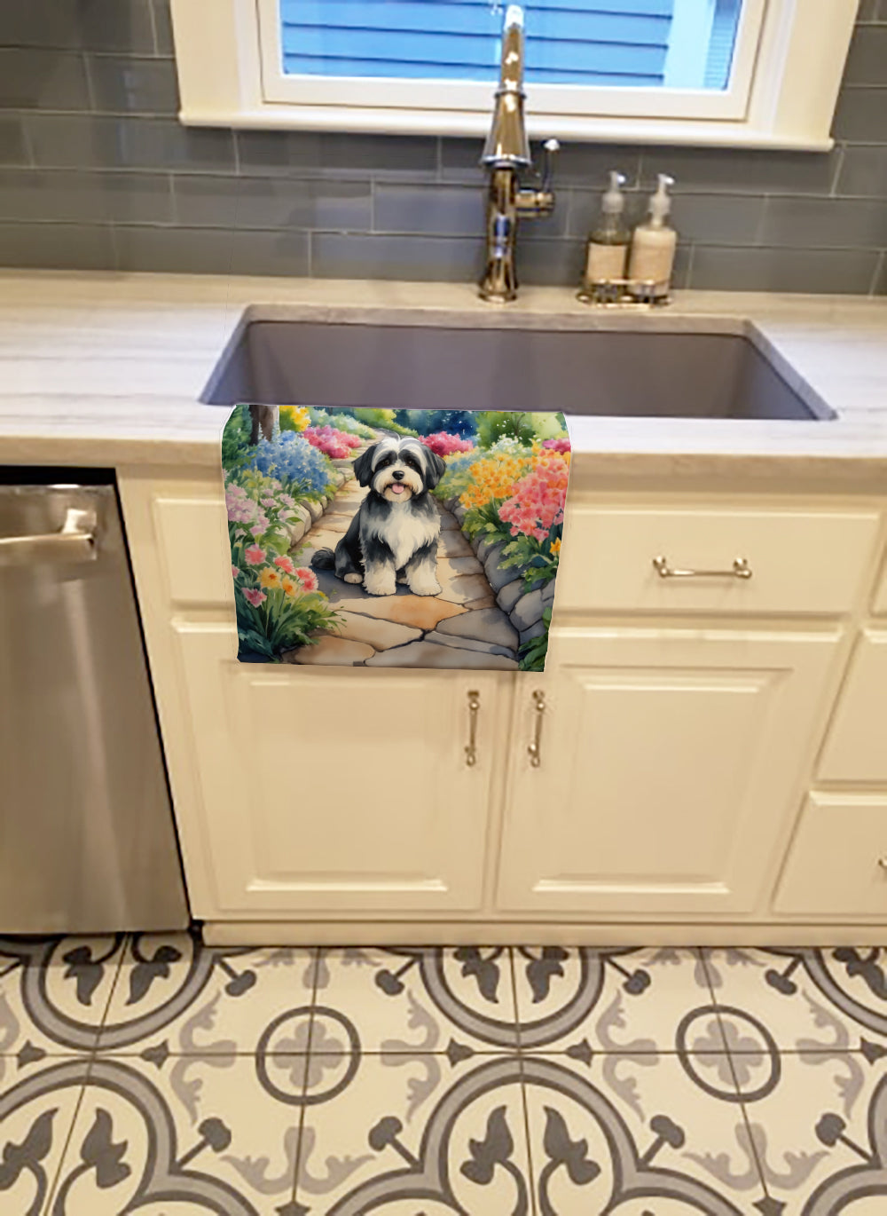 Havanese Spring Path Kitchen Towel Velour Plush Front and Cotton Loop Back Machine Washable