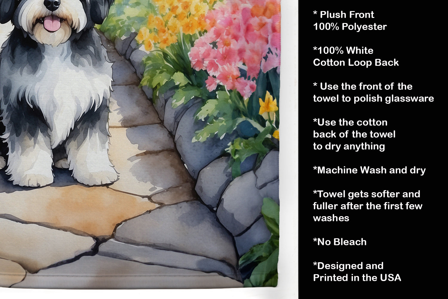 Havanese Spring Path Kitchen Towel Velour Plush Front and Cotton Loop Back Machine Washable