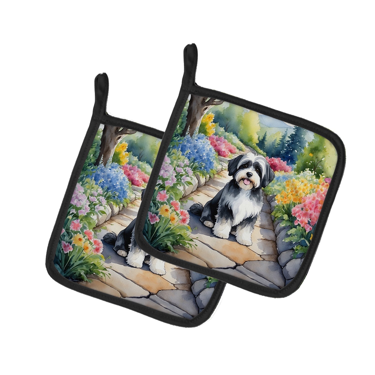 Havanese Spring Path Pot Holder Set of 2 Heat Resistant Quilted Hot Pads 7.5 x 7.5 Inch, Insulated Kitchen Trivets for Cooking & Baking