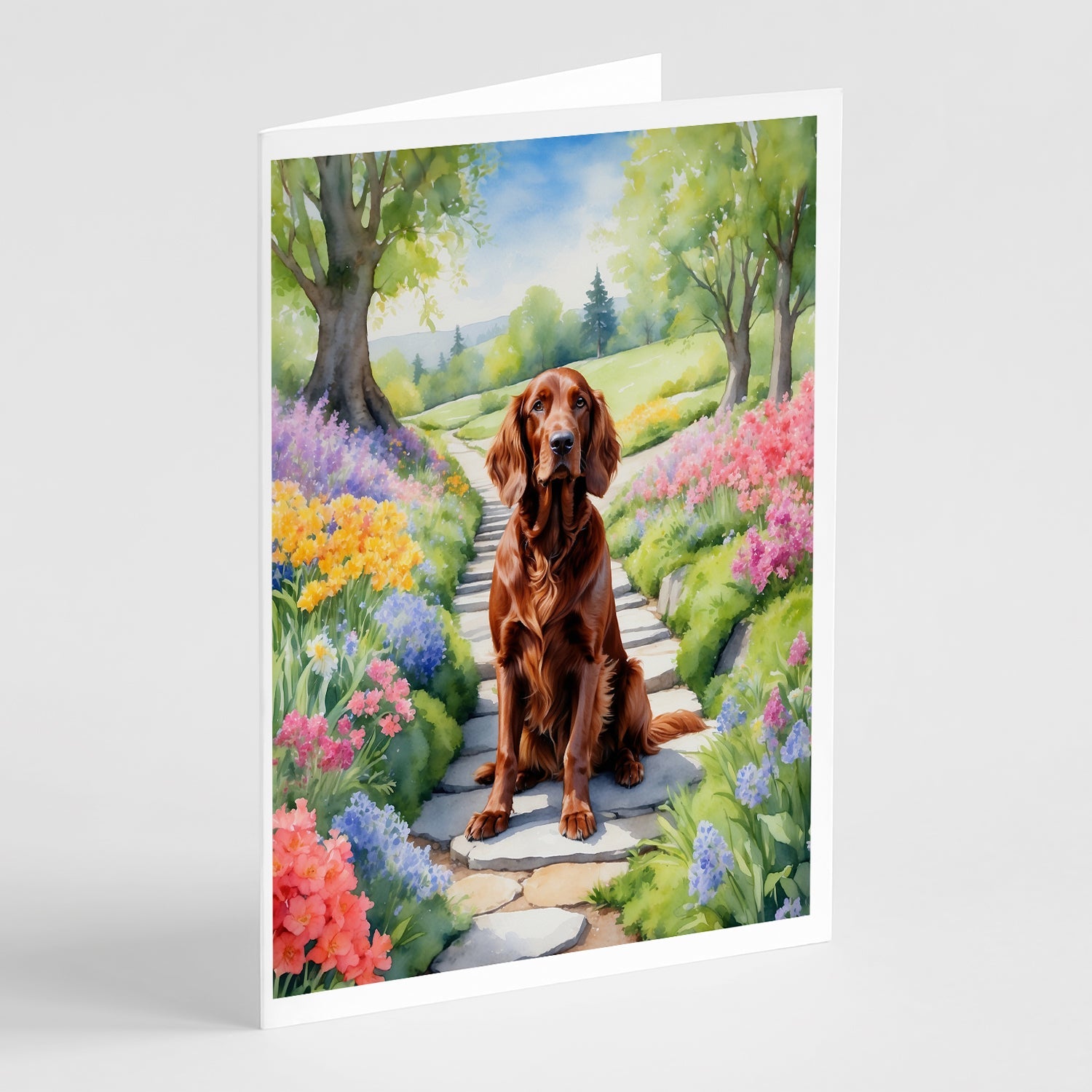 Irish Setter Spring Path Greeting Cards Pack of 8 Blank Cards with Envelopes Whimsical A7 Size 5x7