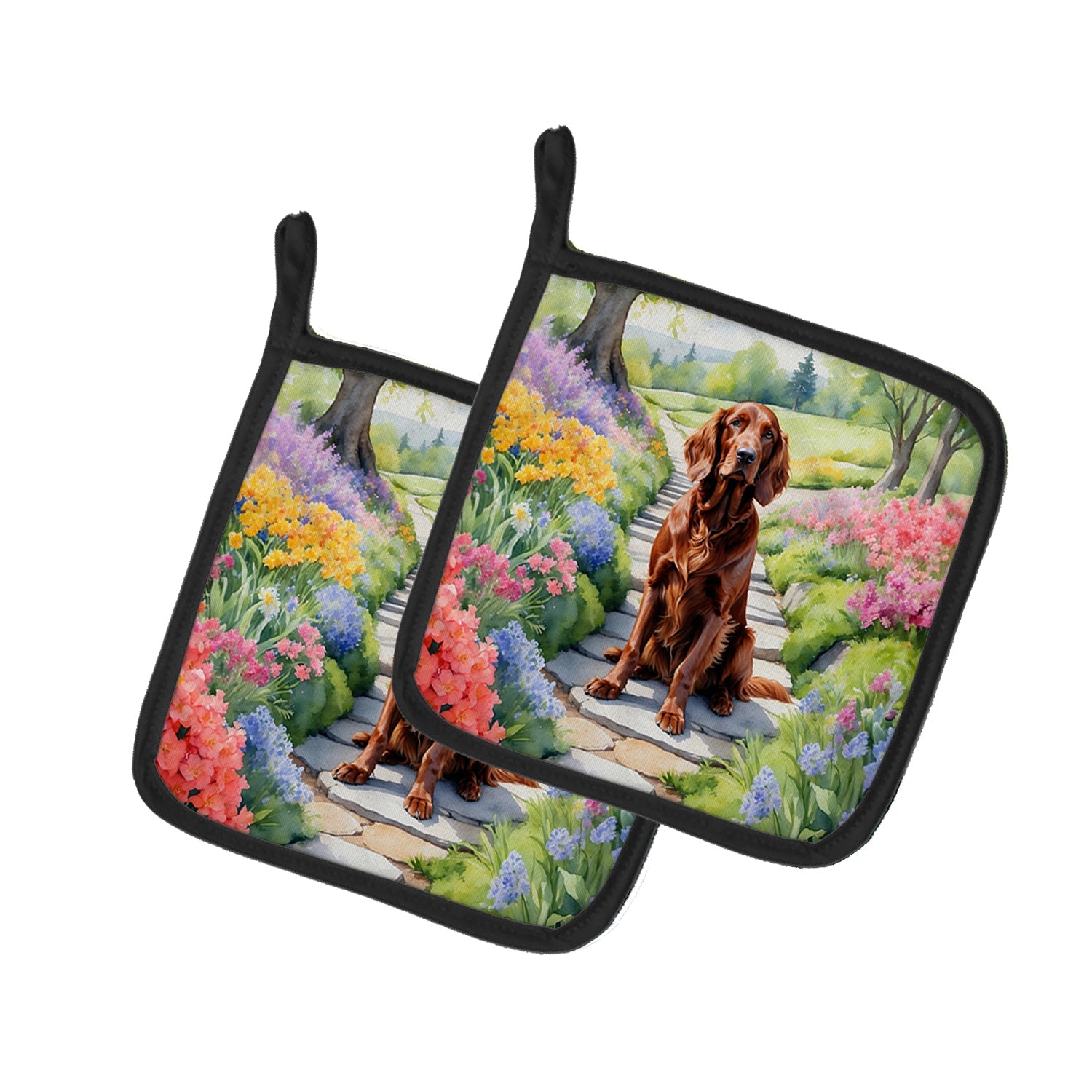 Irish Setter Spring Path Pot Holder Set of 2 Heat Resistant Quilted Hot Pads 7.5 x 7.5 Inch, Insulated Kitchen Trivets for Cooking & Baking