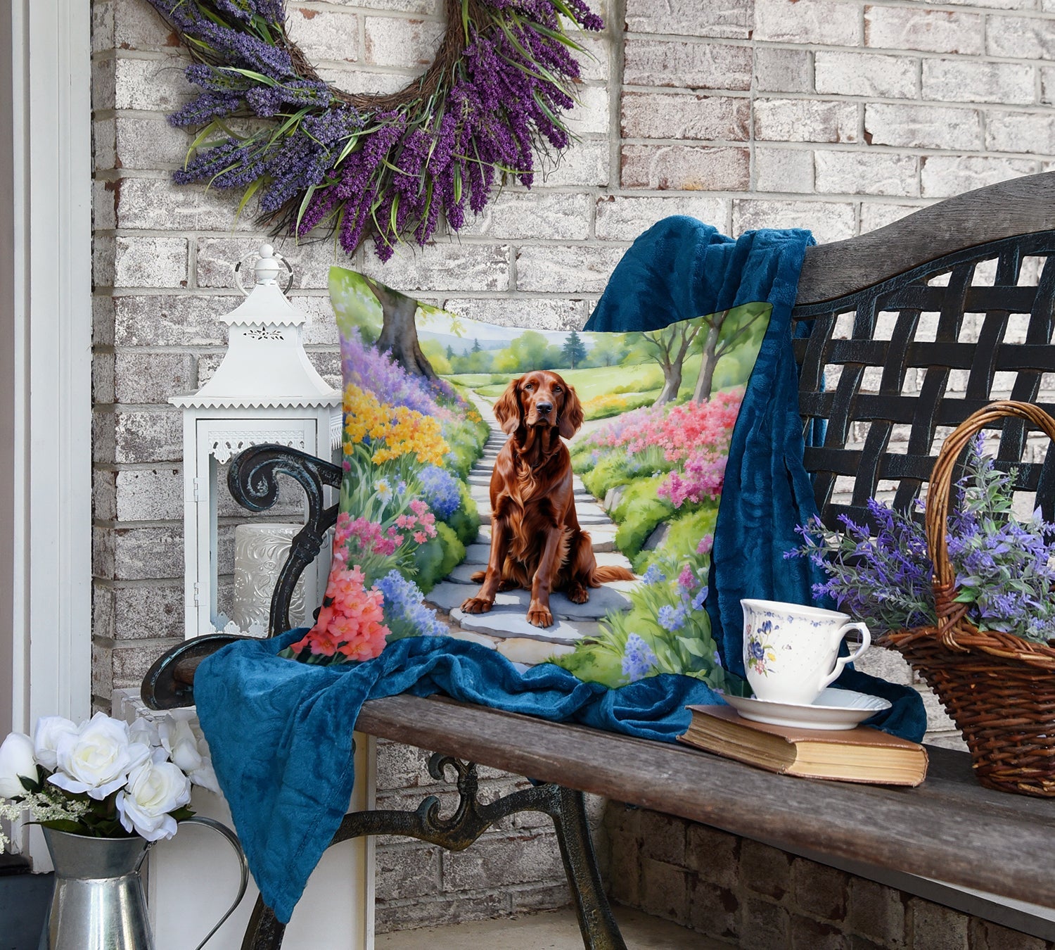 Irish Setter Spring Path Decorative Throw Pillow 18x18 Indoor Outdoor Accent Cushion, Fabric Cover with Insert for Sofa, Bed, Porch & Living Room