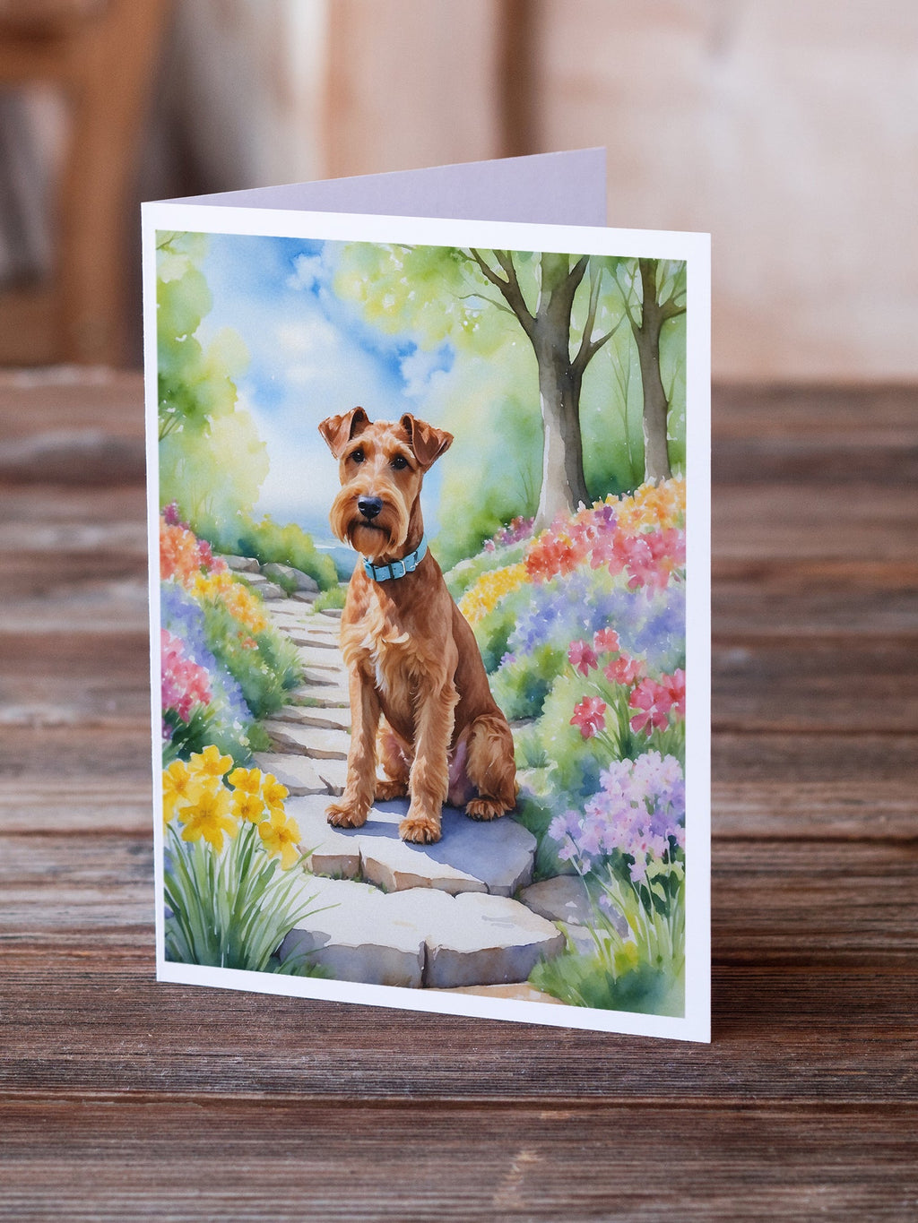 Irish Terrier Spring Path Greeting Cards Pack of 8 Blank Cards with Envelopes Whimsical A7 Size 5x7