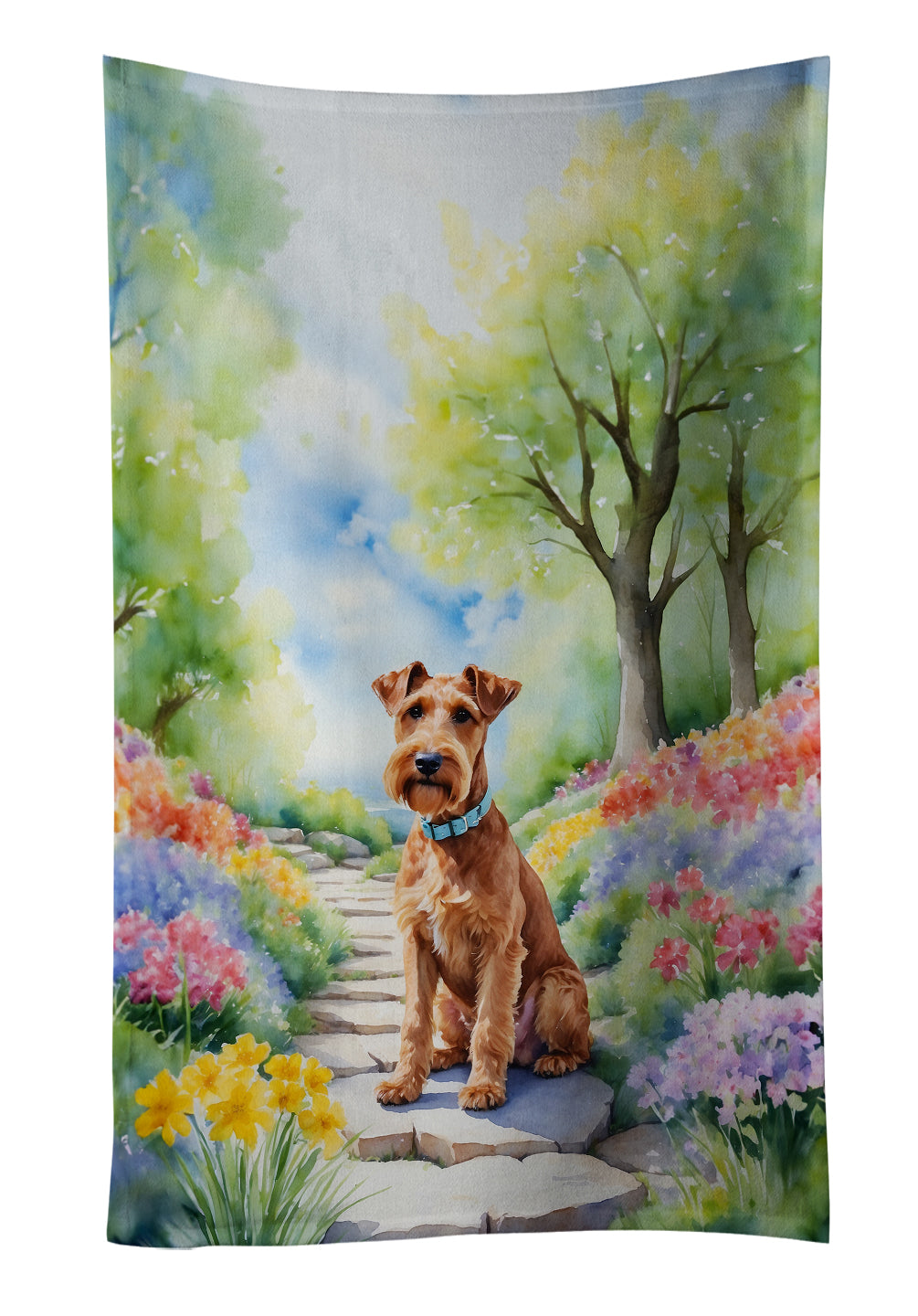 Irish Terrier Spring Path Kitchen Towel Velour Plush Front and Cotton Loop Back Machine Washable