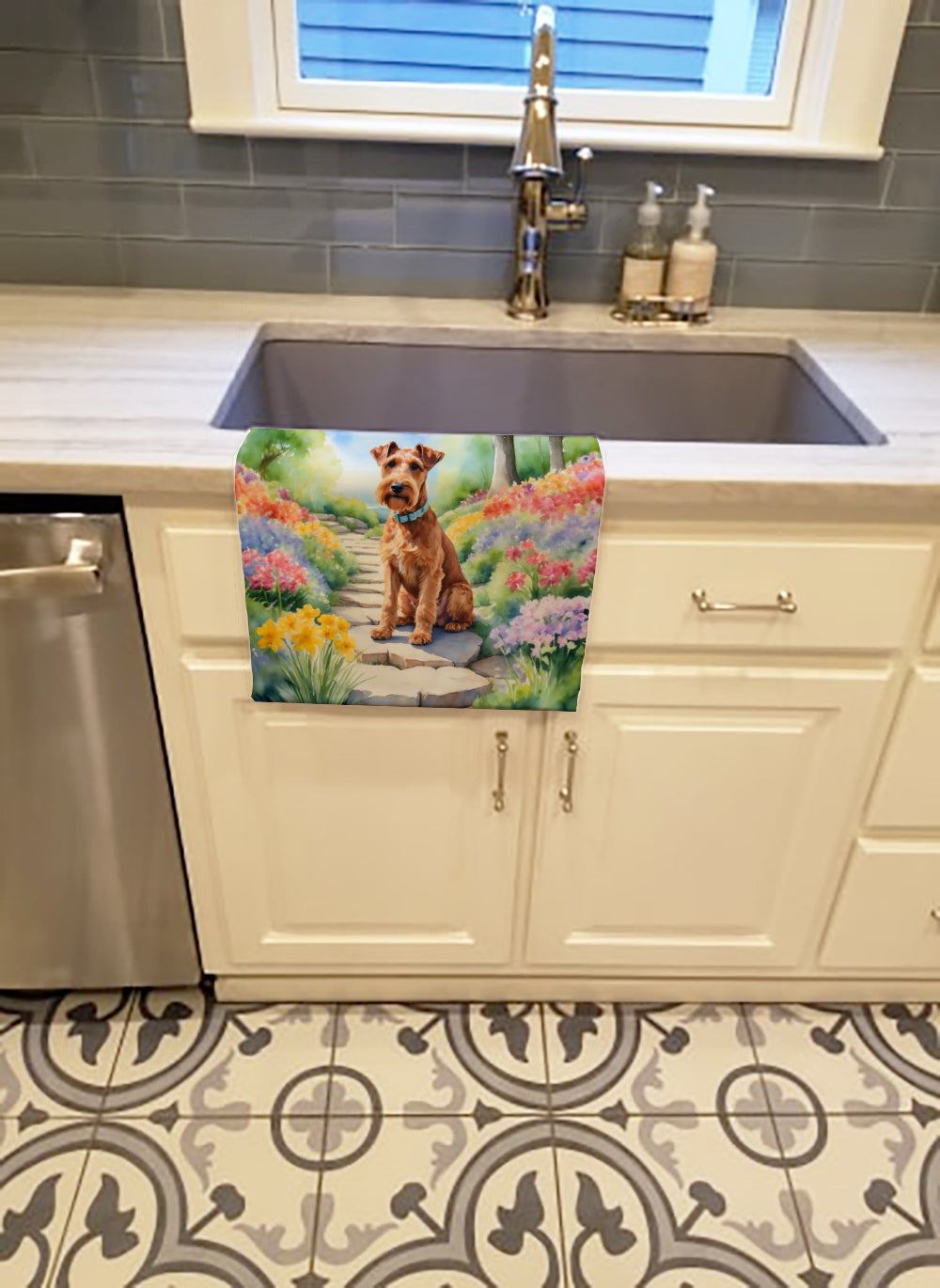 Irish Terrier Spring Path Kitchen Towel Velour Plush Front and Cotton Loop Back Machine Washable