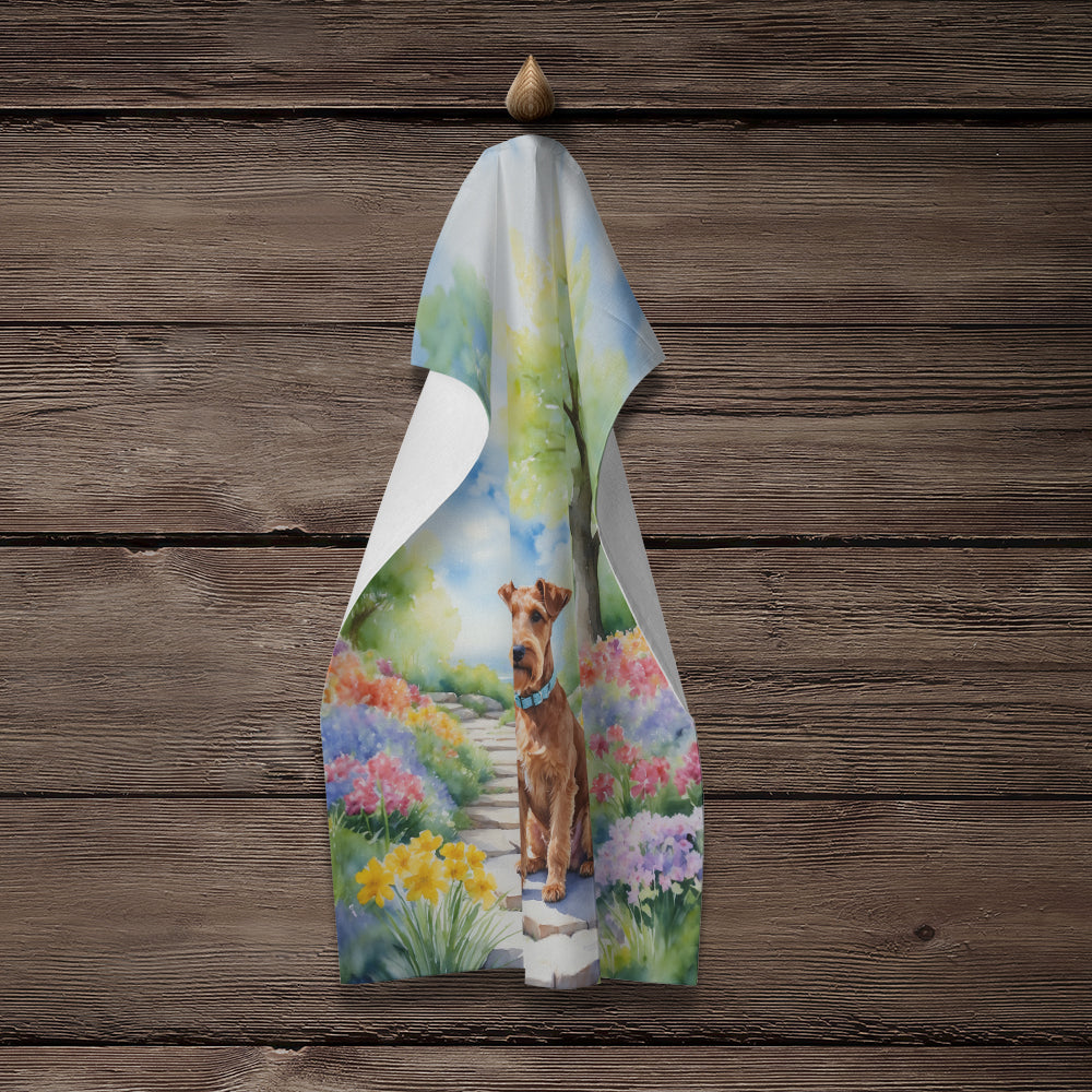 Irish Terrier Spring Path Kitchen Towel Velour Plush Front and Cotton Loop Back Machine Washable