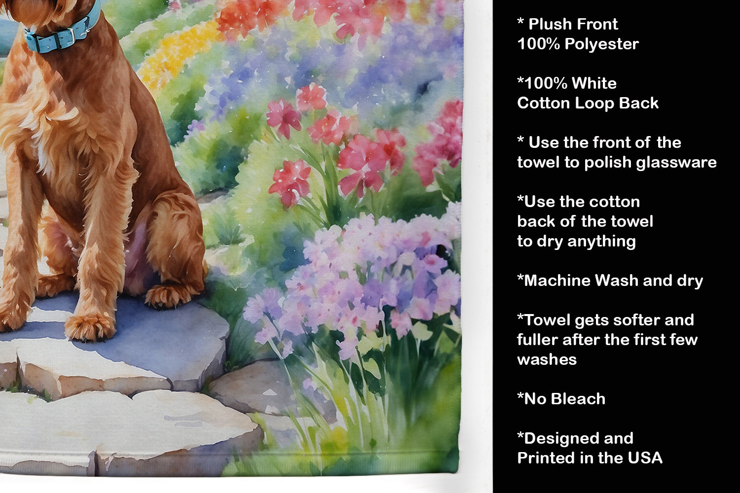 Irish Terrier Spring Path Kitchen Towel Velour Plush Front and Cotton Loop Back Machine Washable