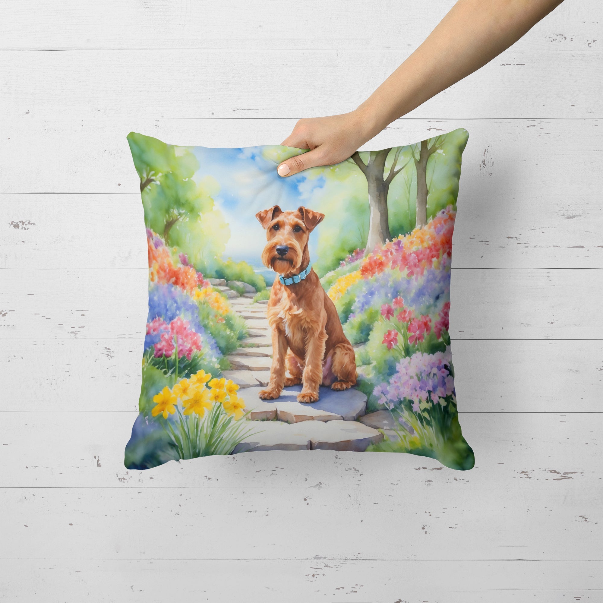 Irish Terrier Spring Path Decorative Throw Pillow 18x18 Indoor Outdoor Accent Cushion, Fabric Cover with Insert for Sofa, Bed, Porch & Living Room