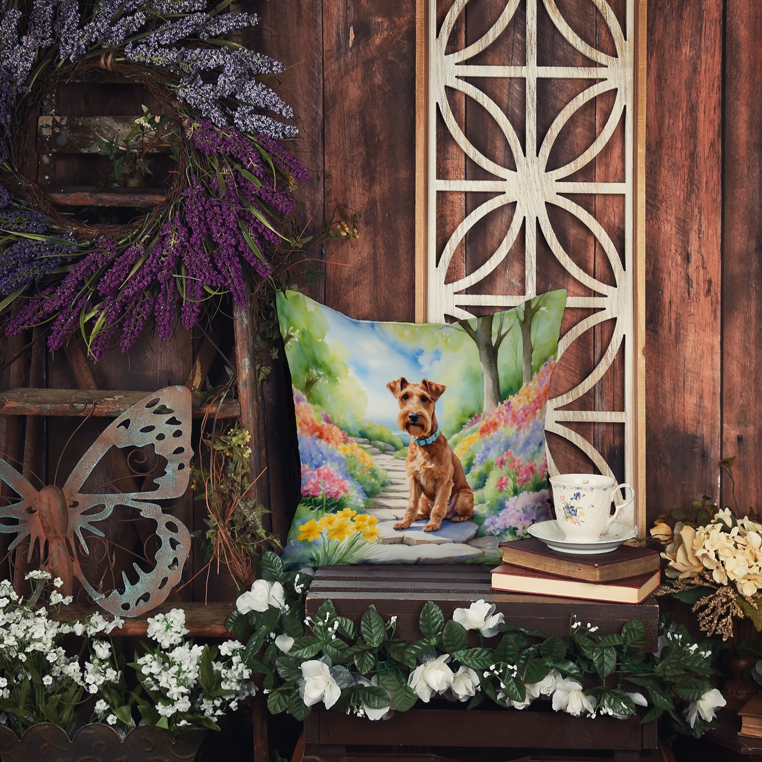 Irish Terrier Spring Path Decorative Throw Pillow 18x18 Indoor Outdoor Accent Cushion, Fabric Cover with Insert for Sofa, Bed, Porch & Living Room