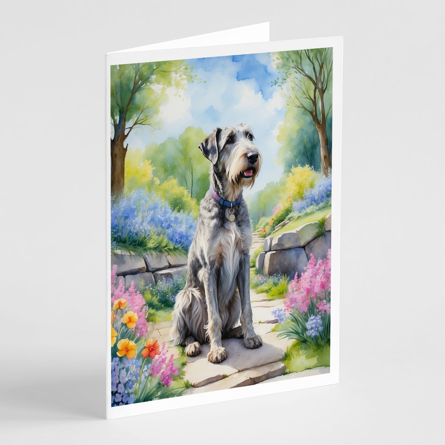Irish Wolfhound Spring Path Greeting Cards Pack of 8 Blank Cards with Envelopes Whimsical A7 Size 5x7