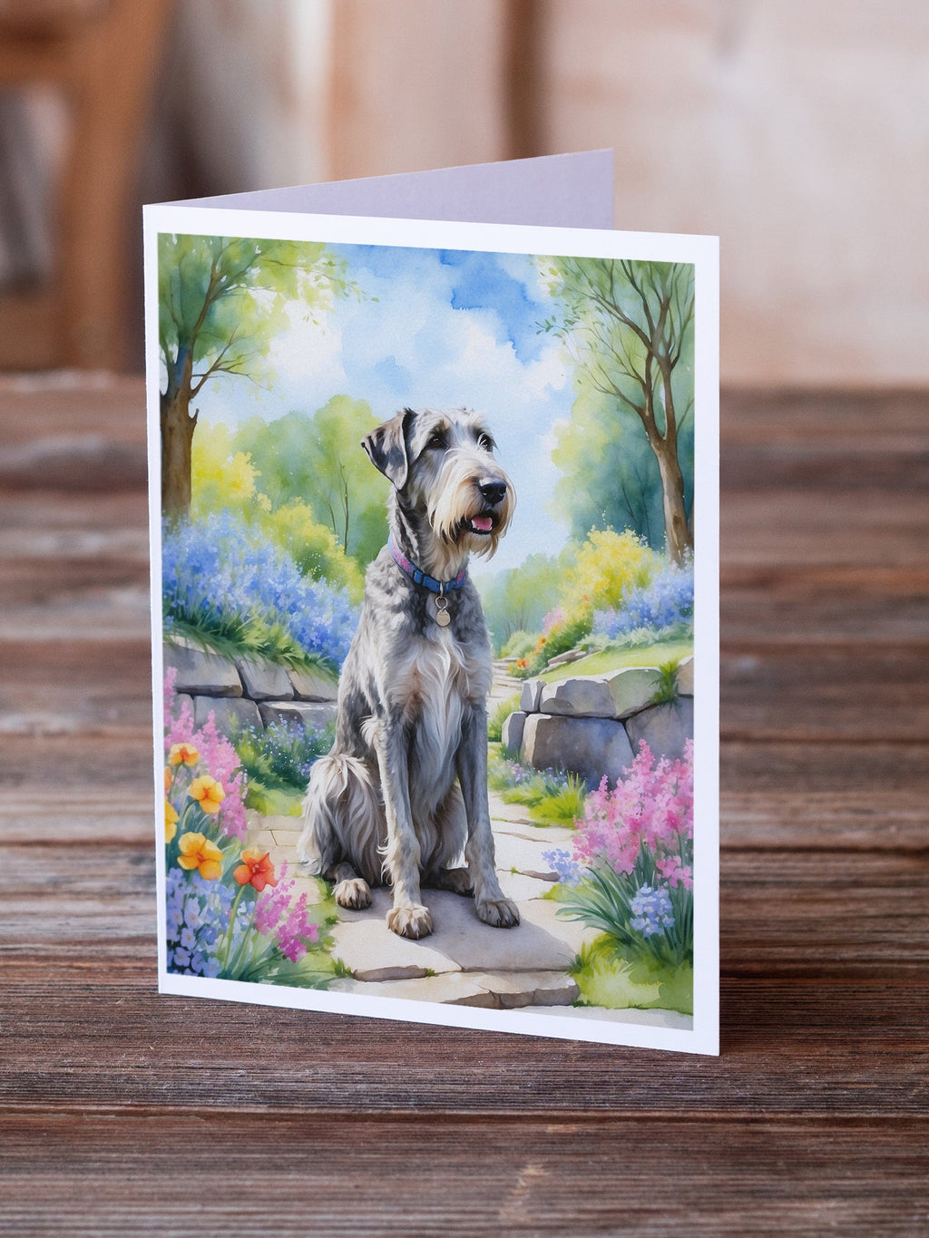 Irish Wolfhound Spring Path Greeting Cards Pack of 8 Blank Cards with Envelopes Whimsical A7 Size 5x7