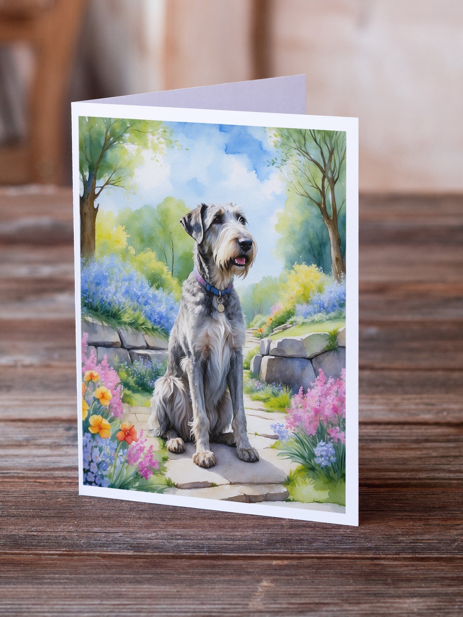 Irish Wolfhound Spring Path Greeting Cards Pack of 8 Blank Cards with Envelopes Whimsical A7 Size 5x7