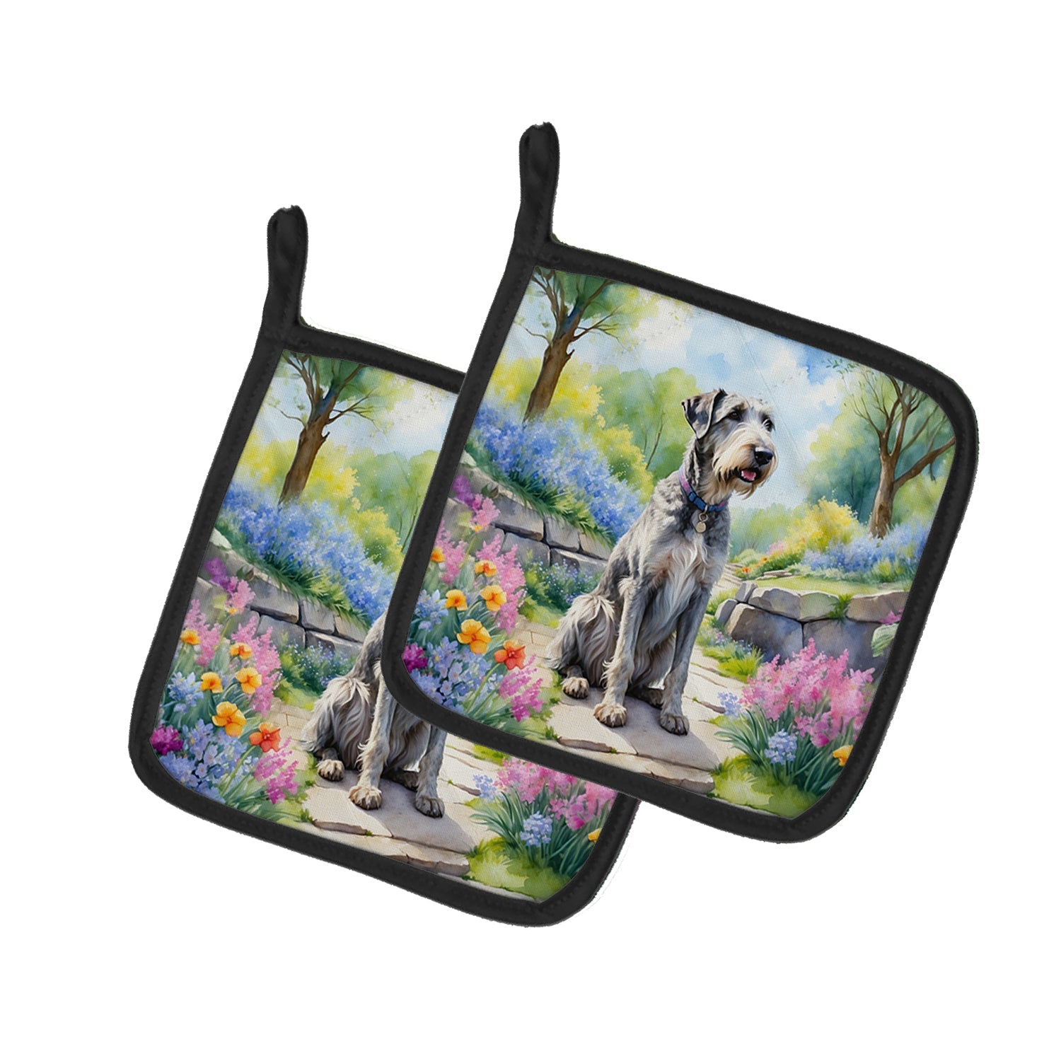 Irish Wolfhound Spring Path Pot Holder Set of 2 Heat Resistant Quilted Hot Pads 7.5 x 7.5 Inch, Insulated Kitchen Trivets for Cooking & Baking