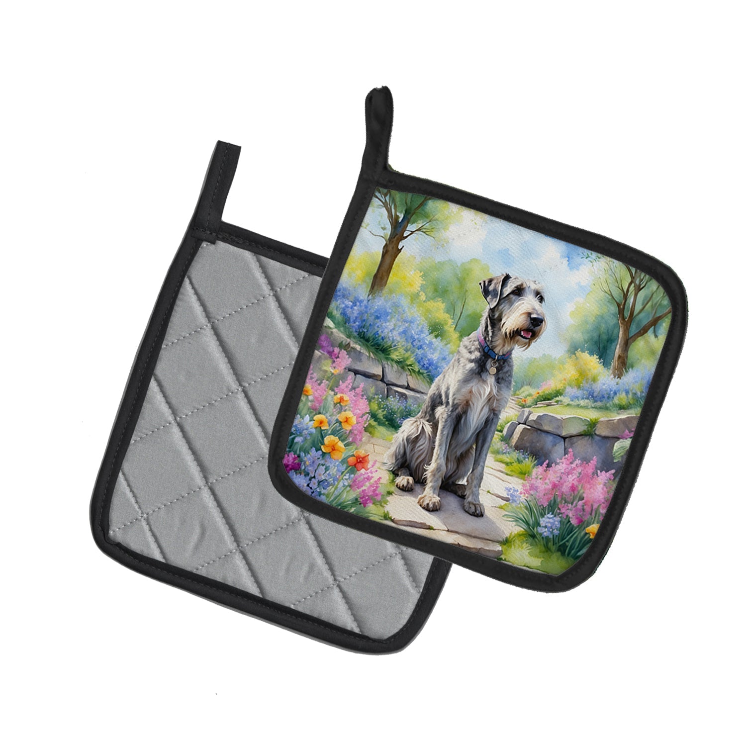 Irish Wolfhound Spring Path Pot Holder Set of 2 Heat Resistant Quilted Hot Pads 7.5 x 7.5 Inch, Insulated Kitchen Trivets for Cooking & Baking