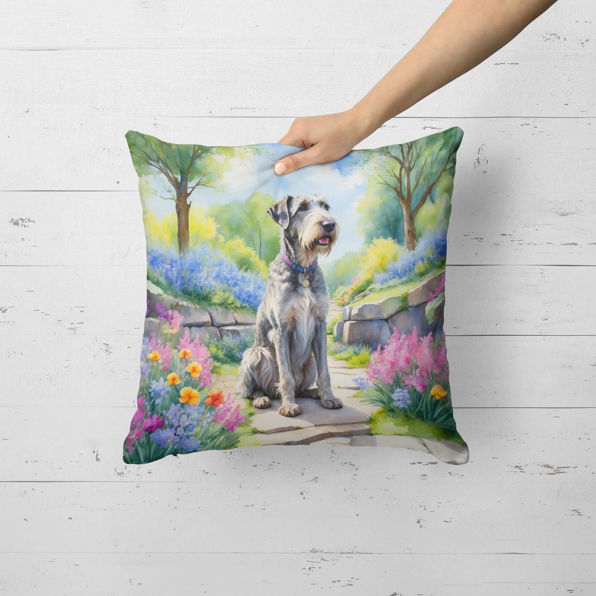 Irish Wolfhound Spring Path Decorative Throw Pillow 18x18 Indoor Outdoor Accent Cushion, Fabric Cover with Insert for Sofa, Bed, Porch & Living Room